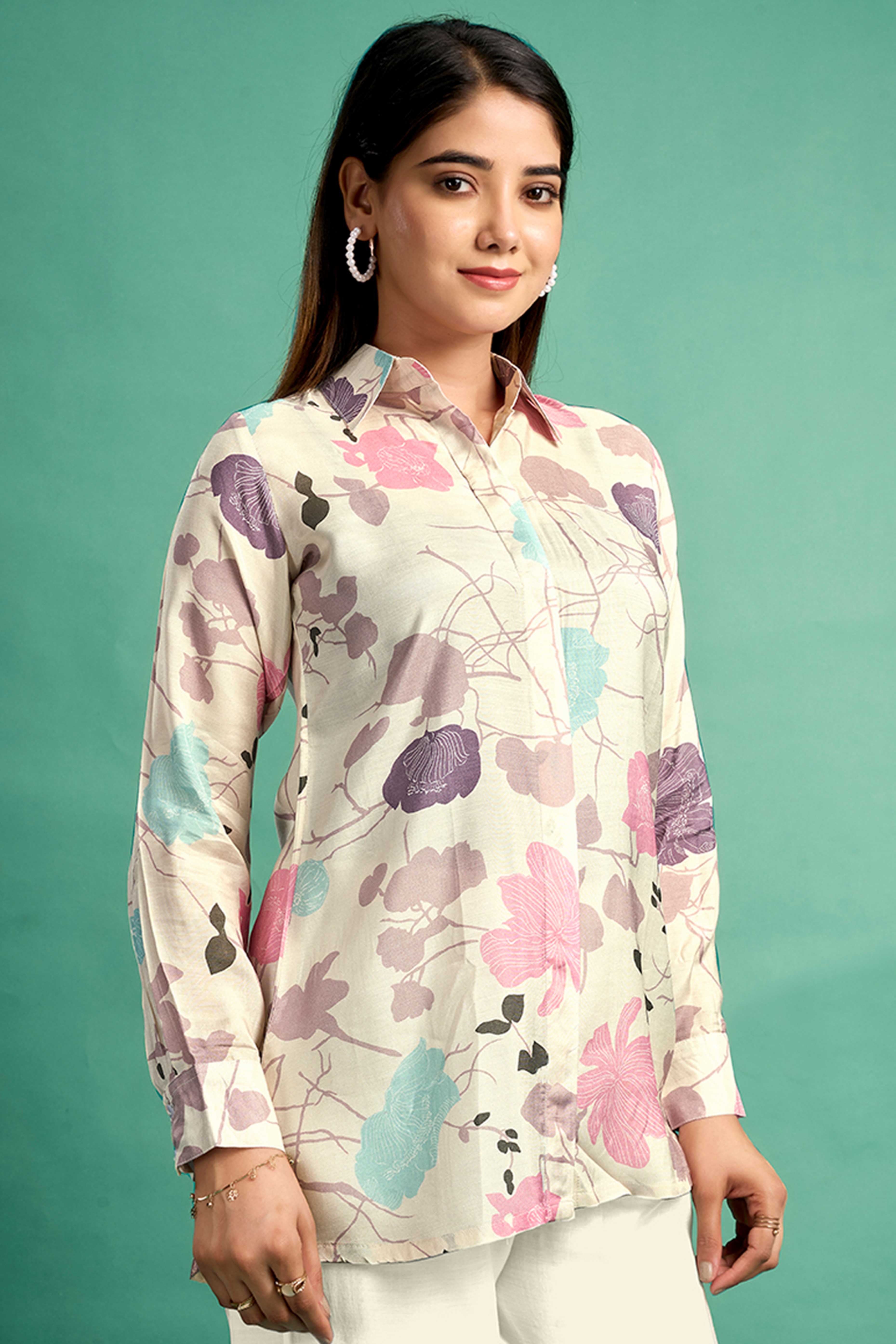 Cream Floral Printed Muslin Straight Top