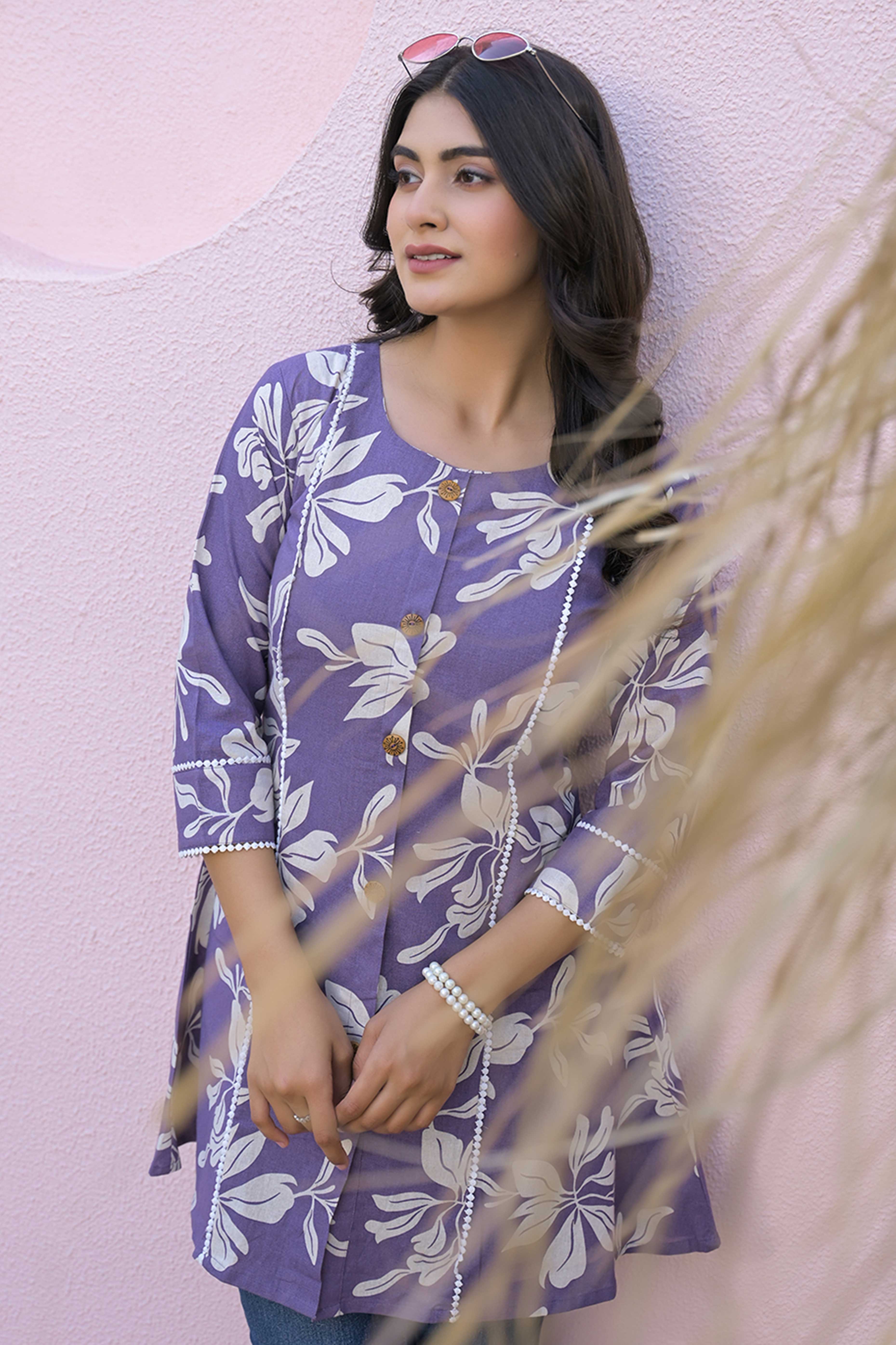 Purple Floral Printed Pure Cotton A-Line Top