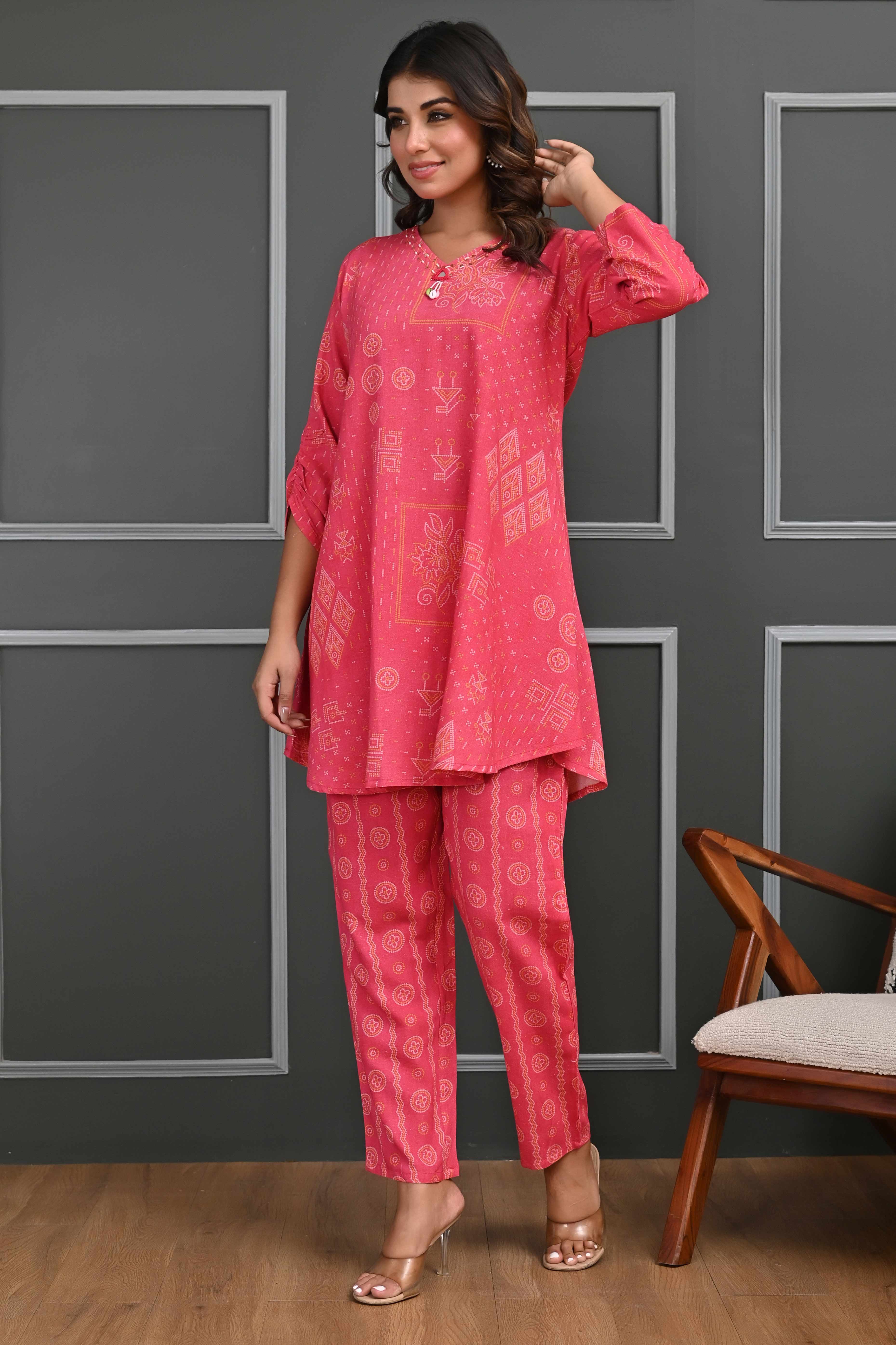 Festive-Ready Rani Pink Bandhani Printed Cotton Flex Straight Fit Co-Ord Set