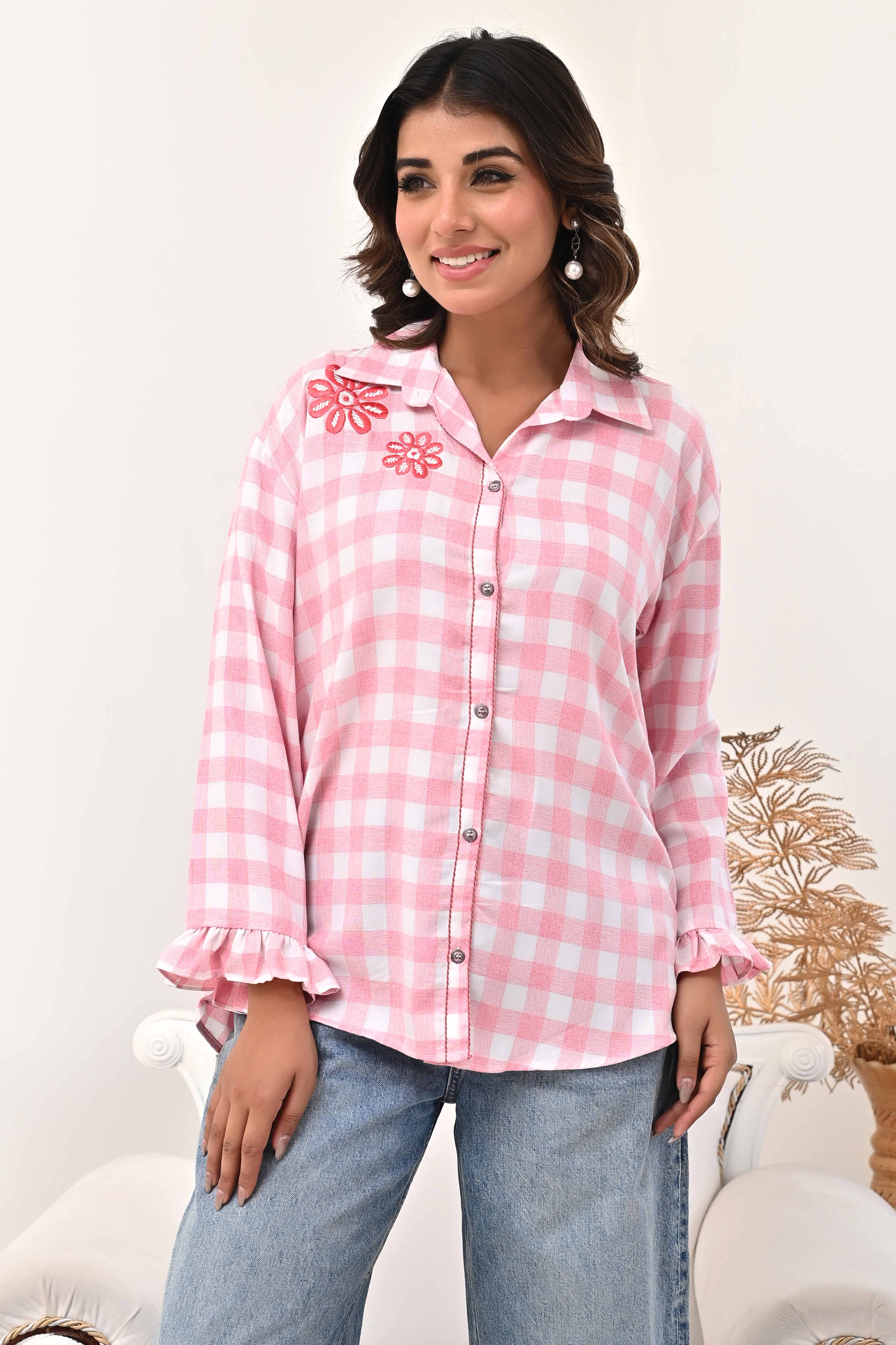 Pure Cotton Peach Top with All-Over Checks and Detailed Floral Embroidery