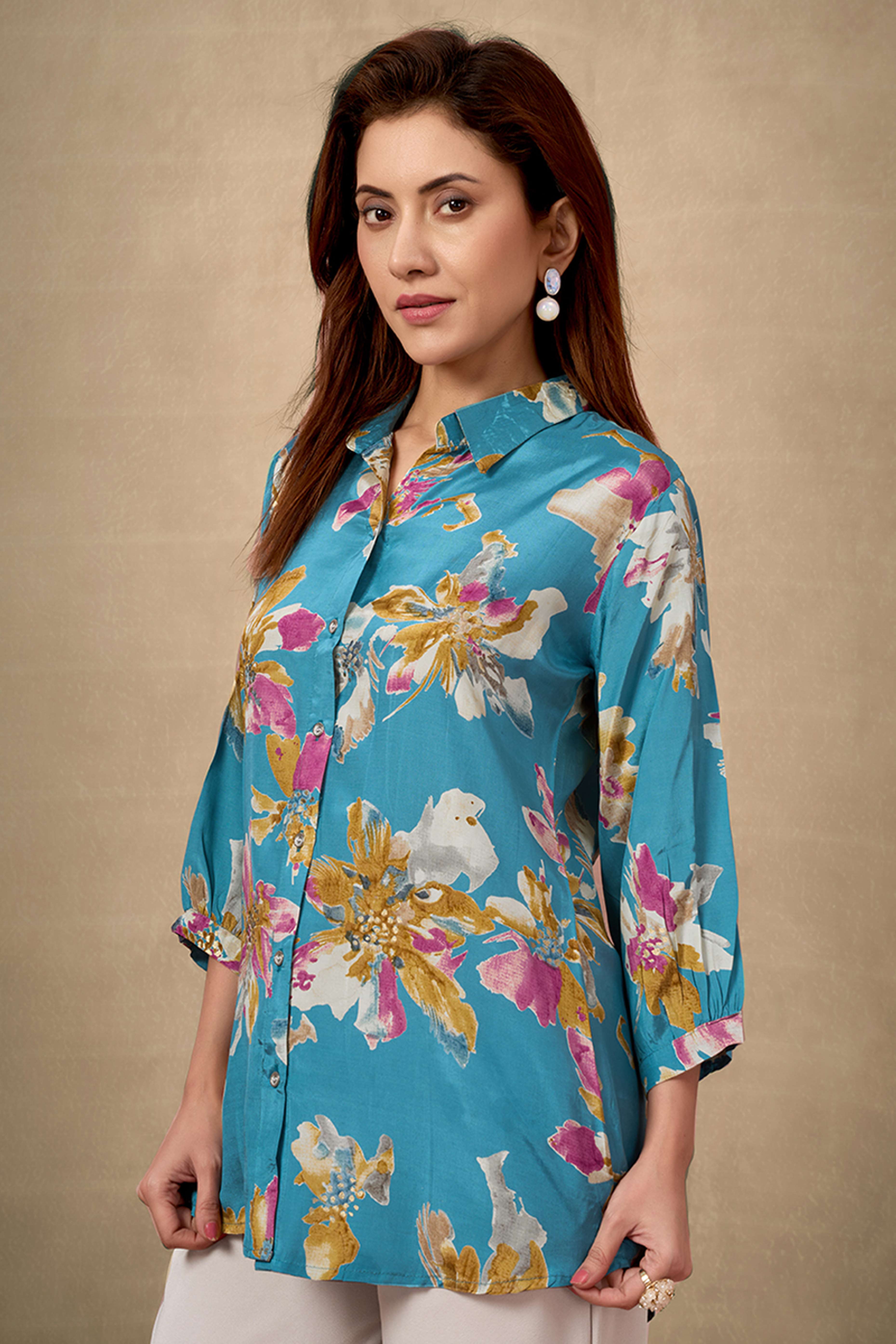 Turquoise Collar Neck Top in Lightweight Muslin with Delicate Floral Prints