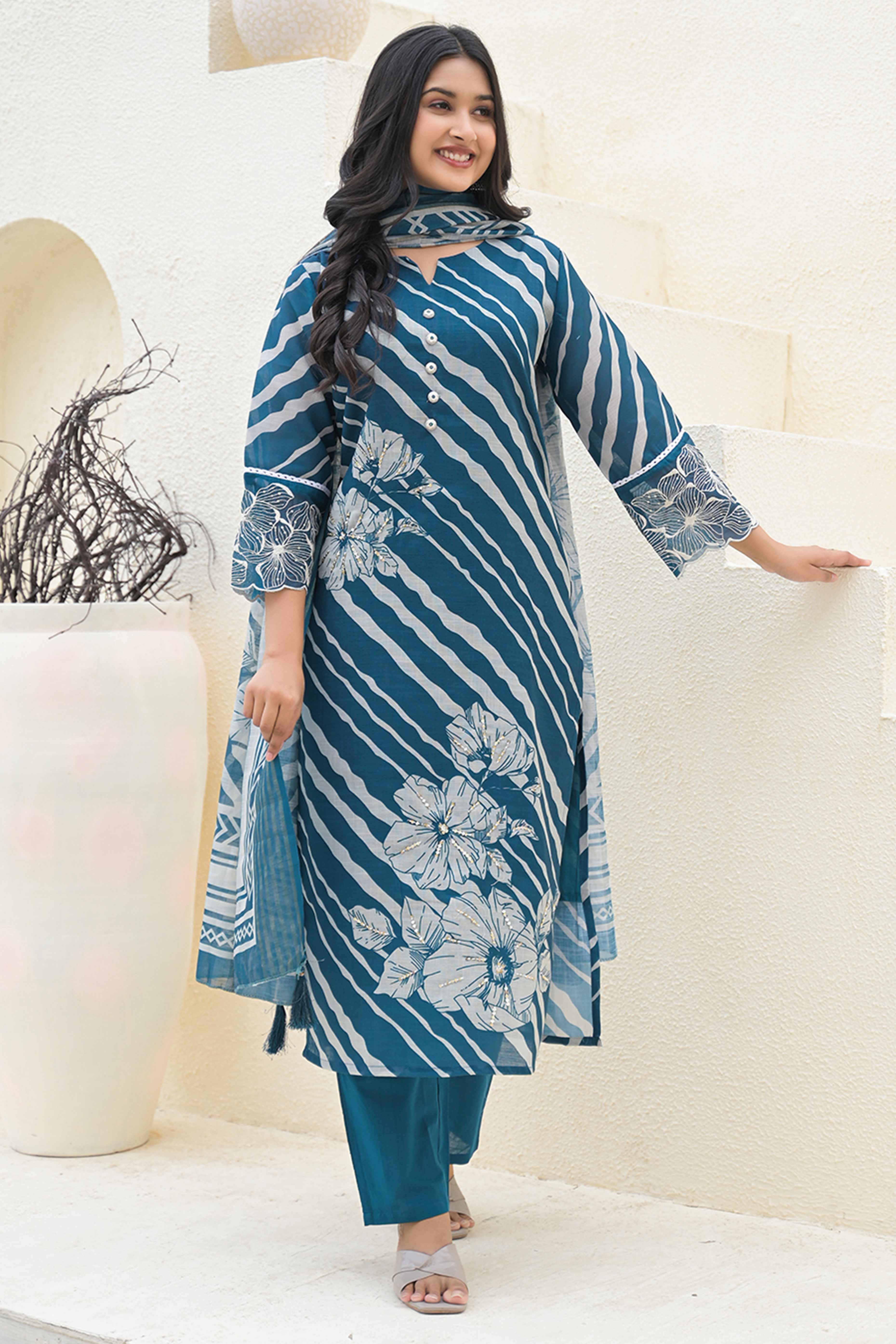 Modern Teal Linen Suit with Artistic Floral Print and Stone Accents