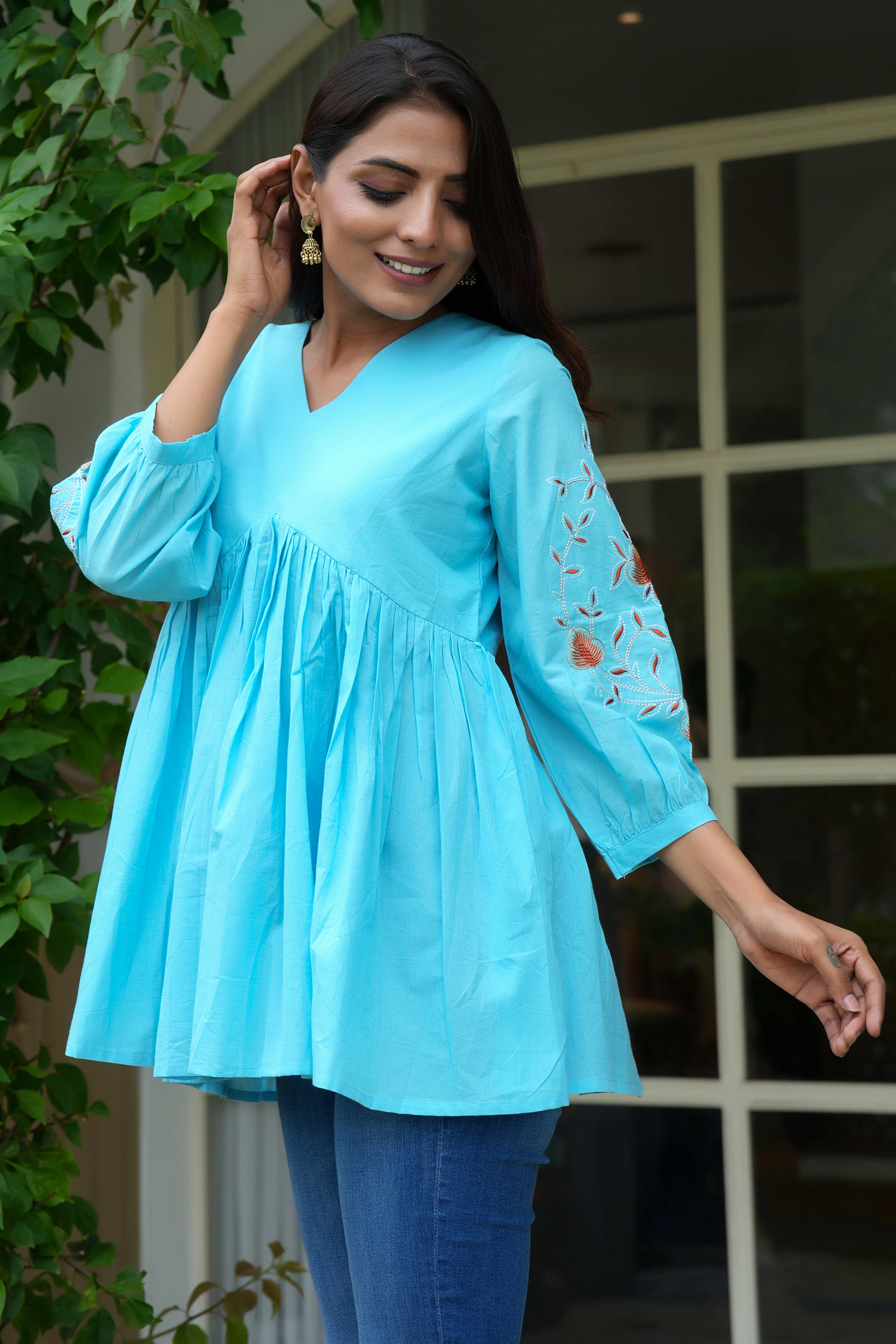 Breezy Sky Blue Pure Cotton Alia Cut Short Top With Intricate Floral Embroidery