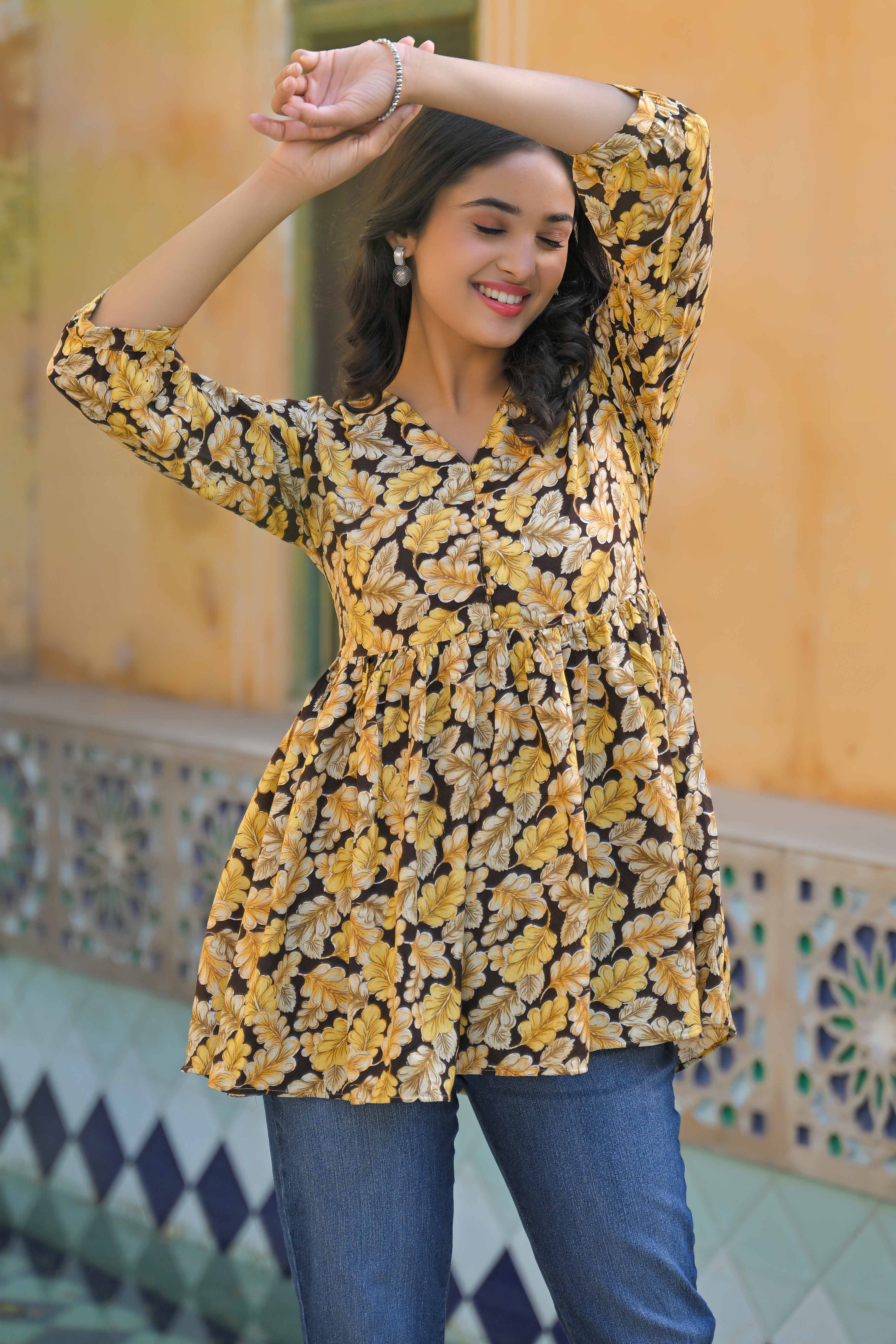 Brown Floral Printed Rayon A-Line Top