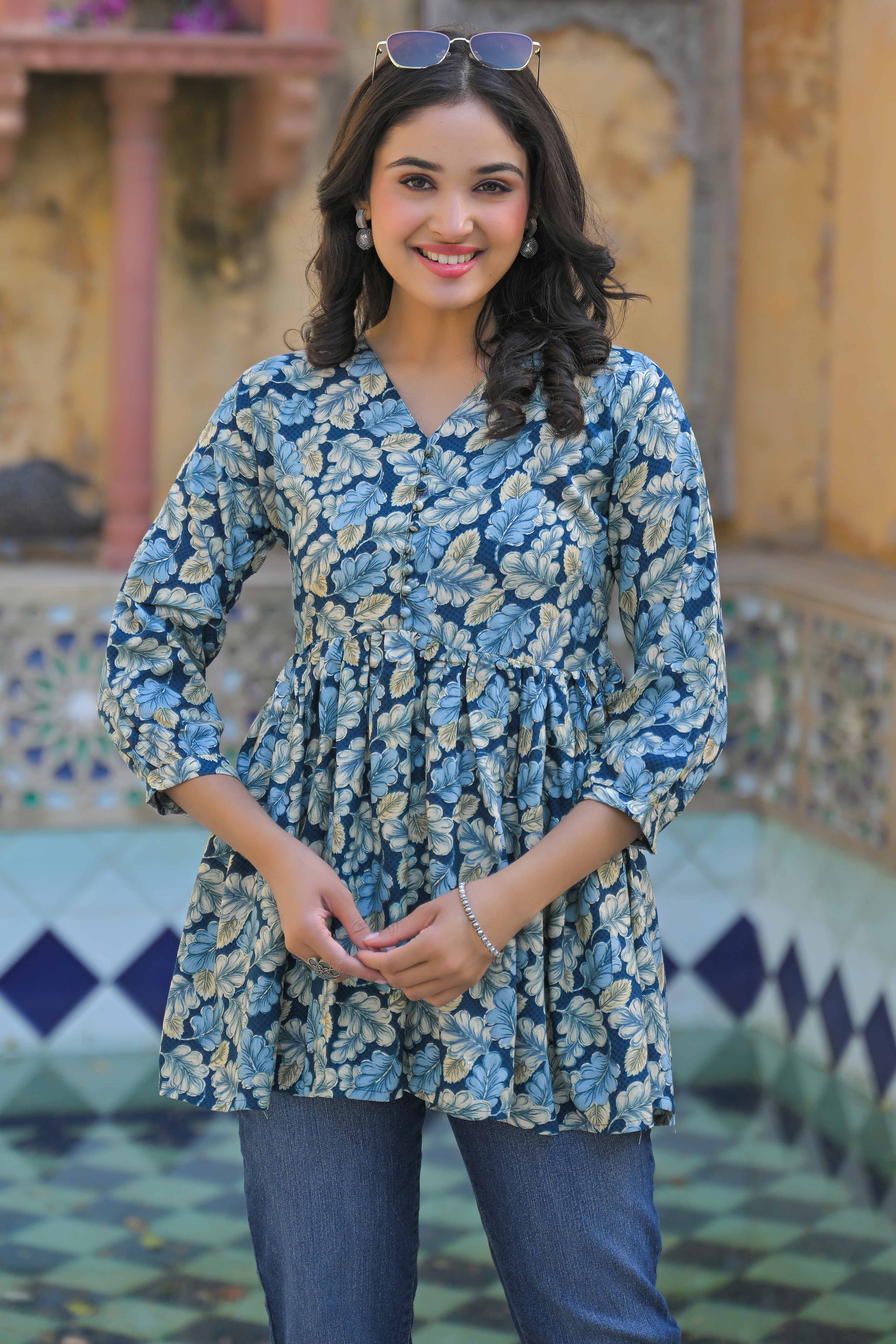 Turquoise Floral Printed Rayon A-Line Top