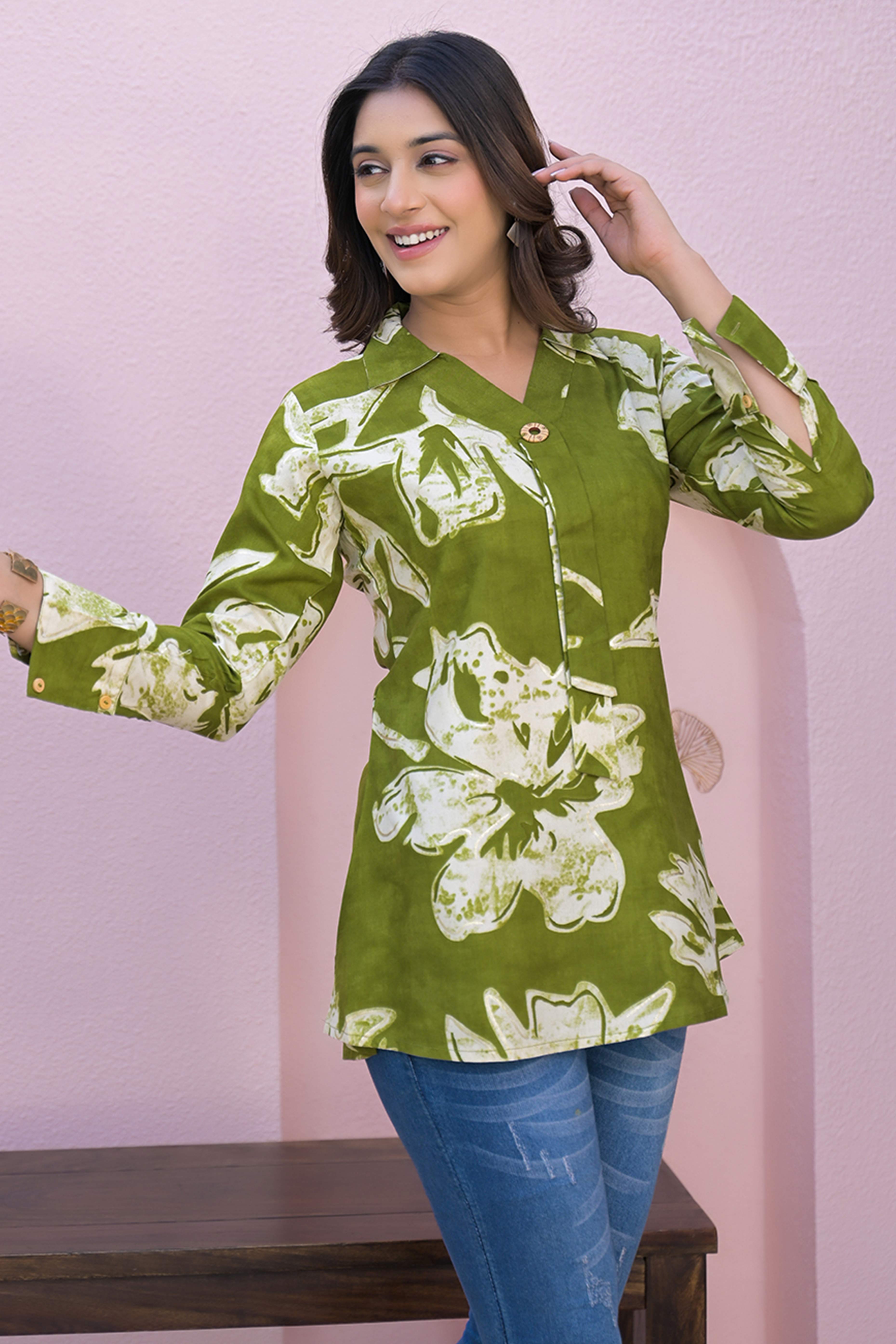 Graceful Green Rayon Straight Top With A Charming Floral Print