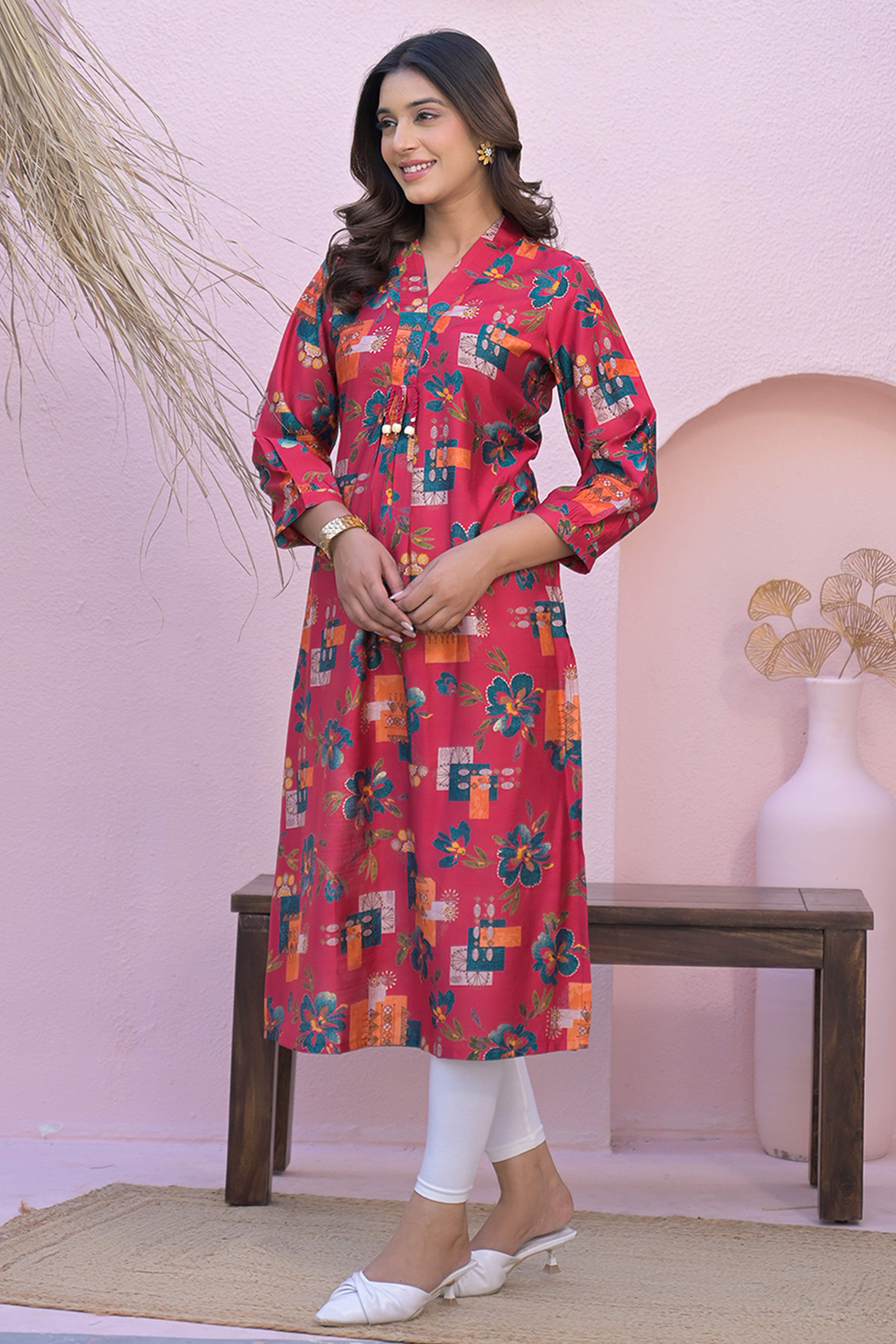 Pink A-Line Kurti in Soft Viscose with Floral Design