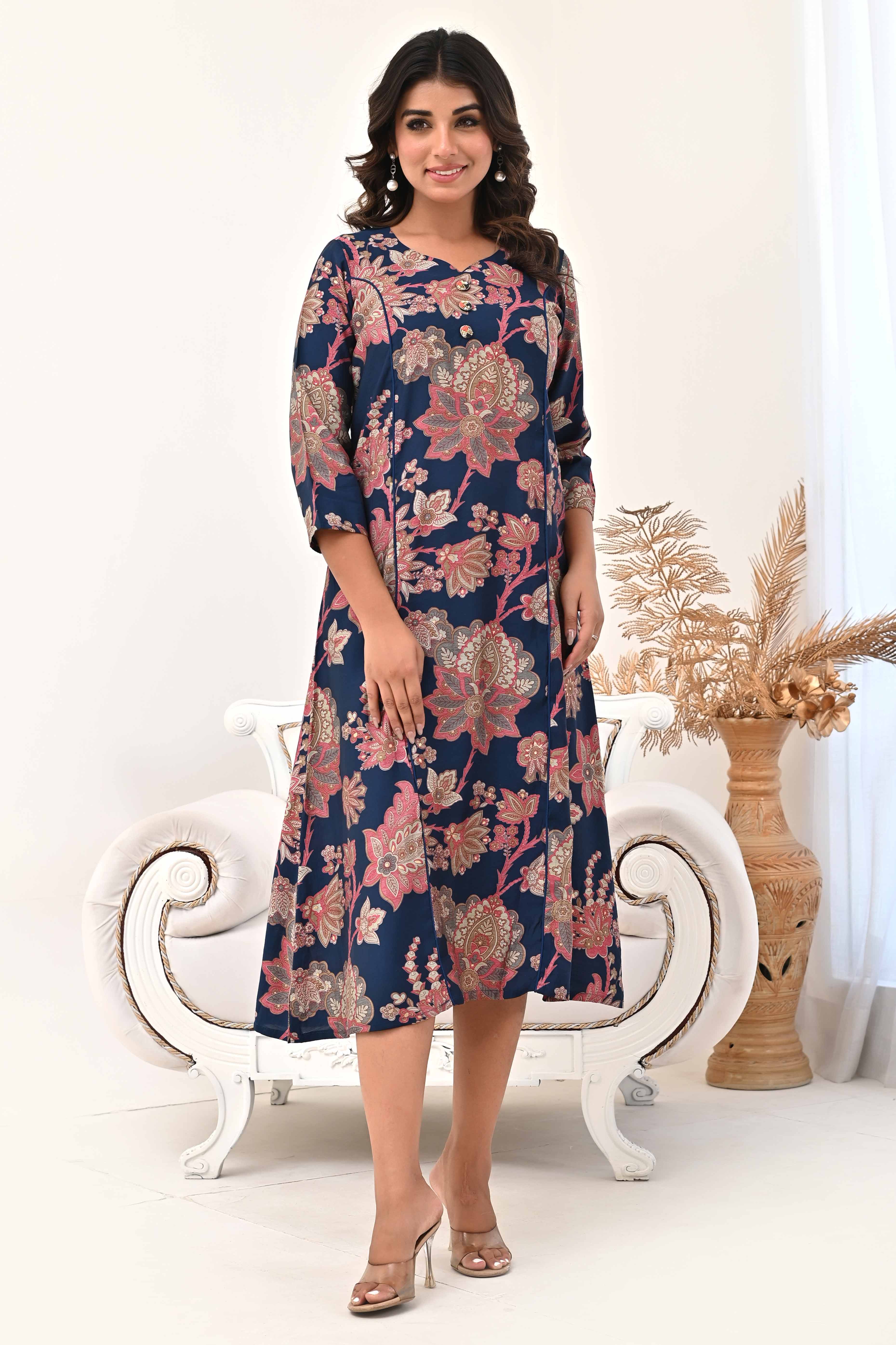 Navy Blue Chanderi Silk Kurti Dress with Artistic Floral Prints