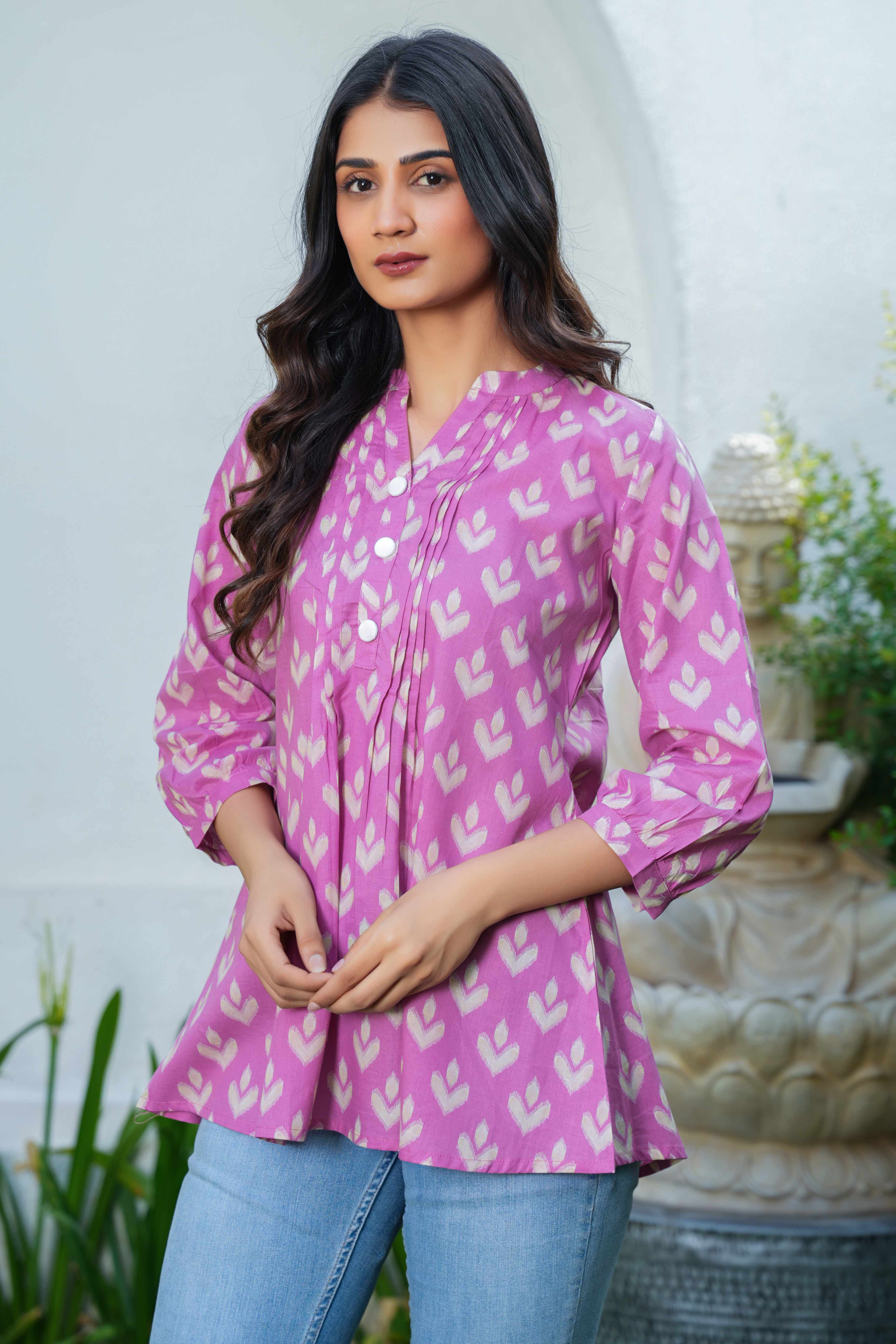 Pink Ikkat Printed Pure Cotton A-Line Tunic for Everyday Wear