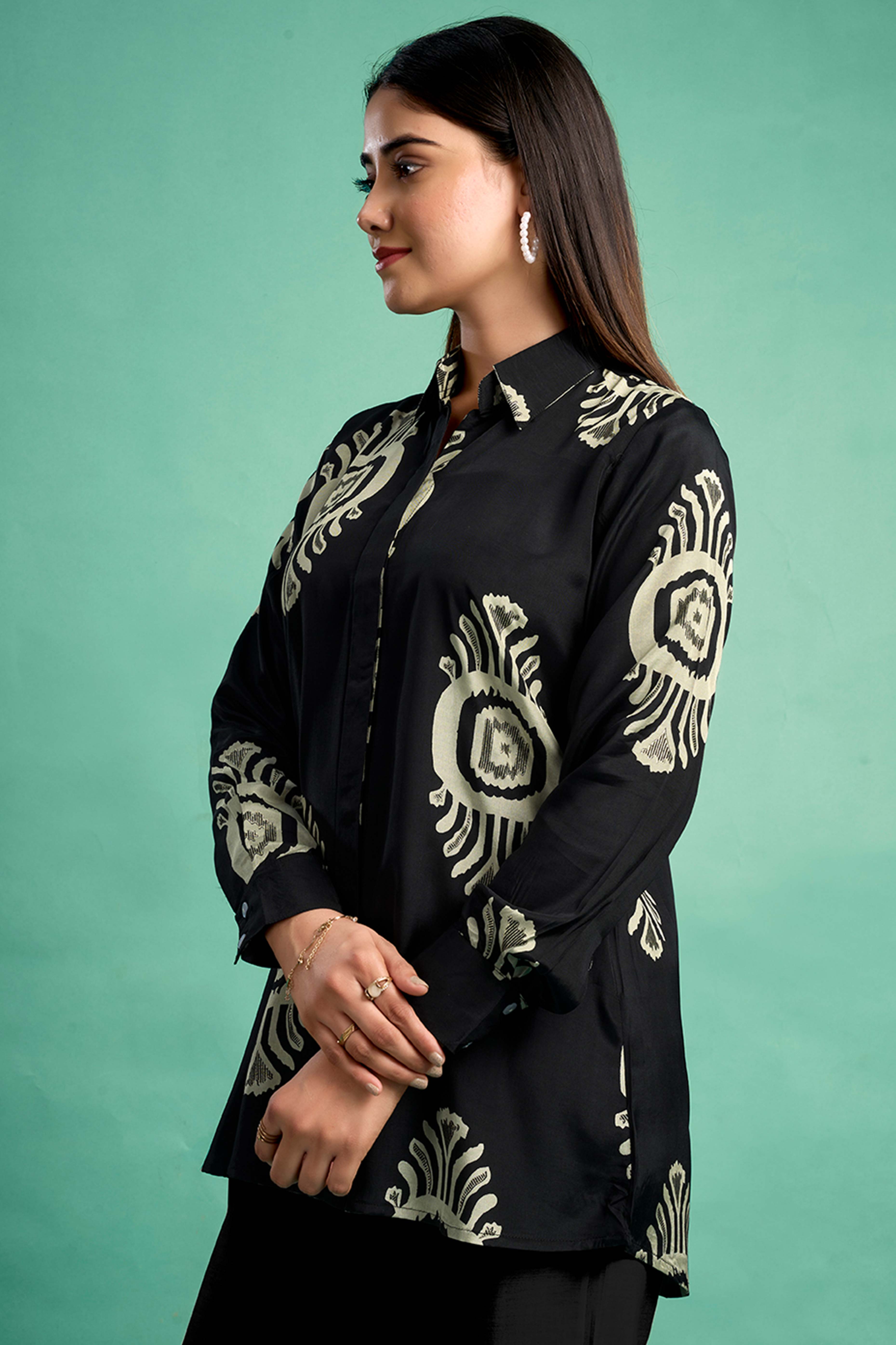 Black Floral Printed Muslin Straight Top
