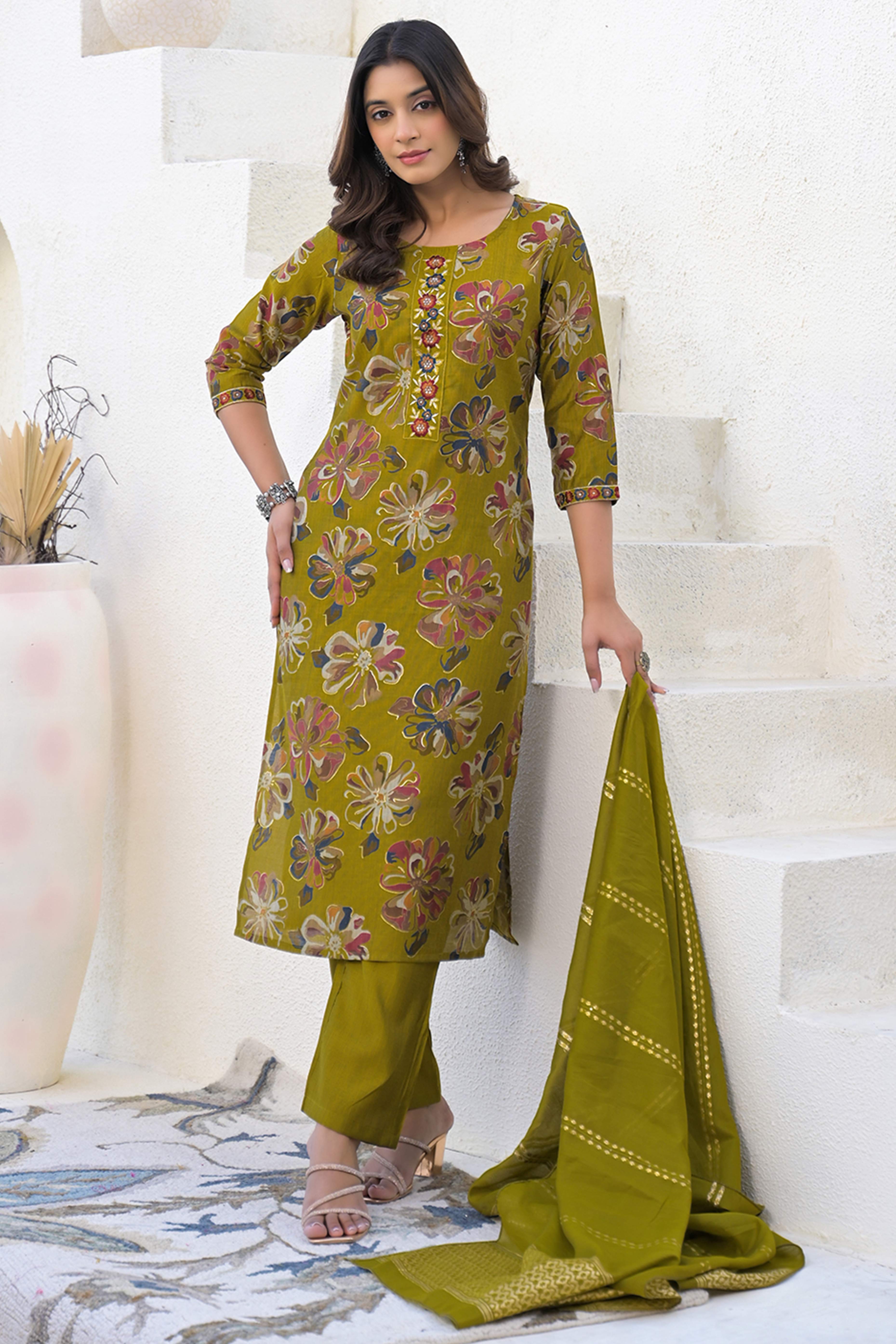 Stylish Green Straight Salwar Suit with Floral Pattern