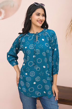 Trendy Blue Straight-Cut Rayon Top with All-Over Print
