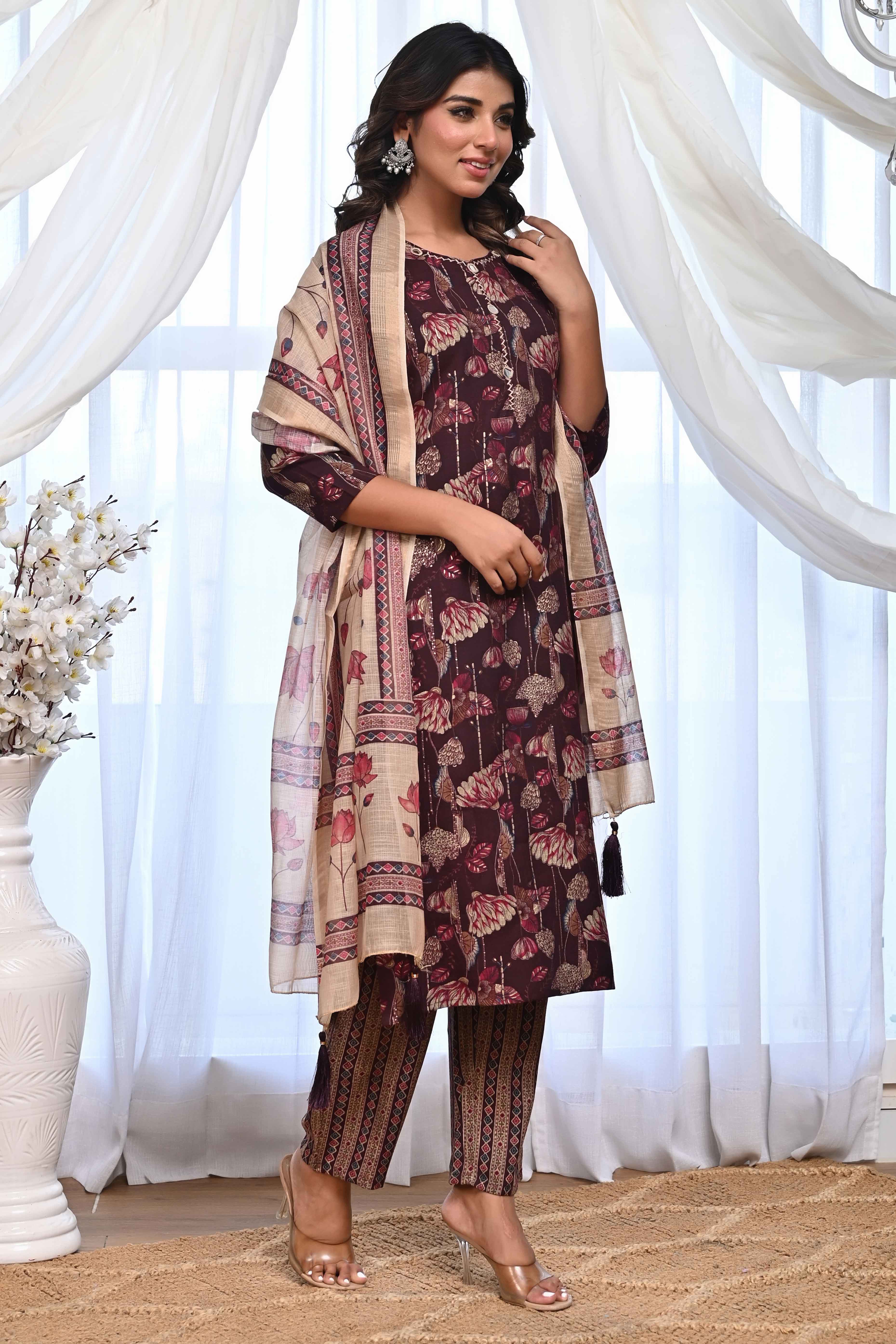 Elegant Wine Rayon Salwar Suit With Floral Prints & Mirror Thread Embellishments
