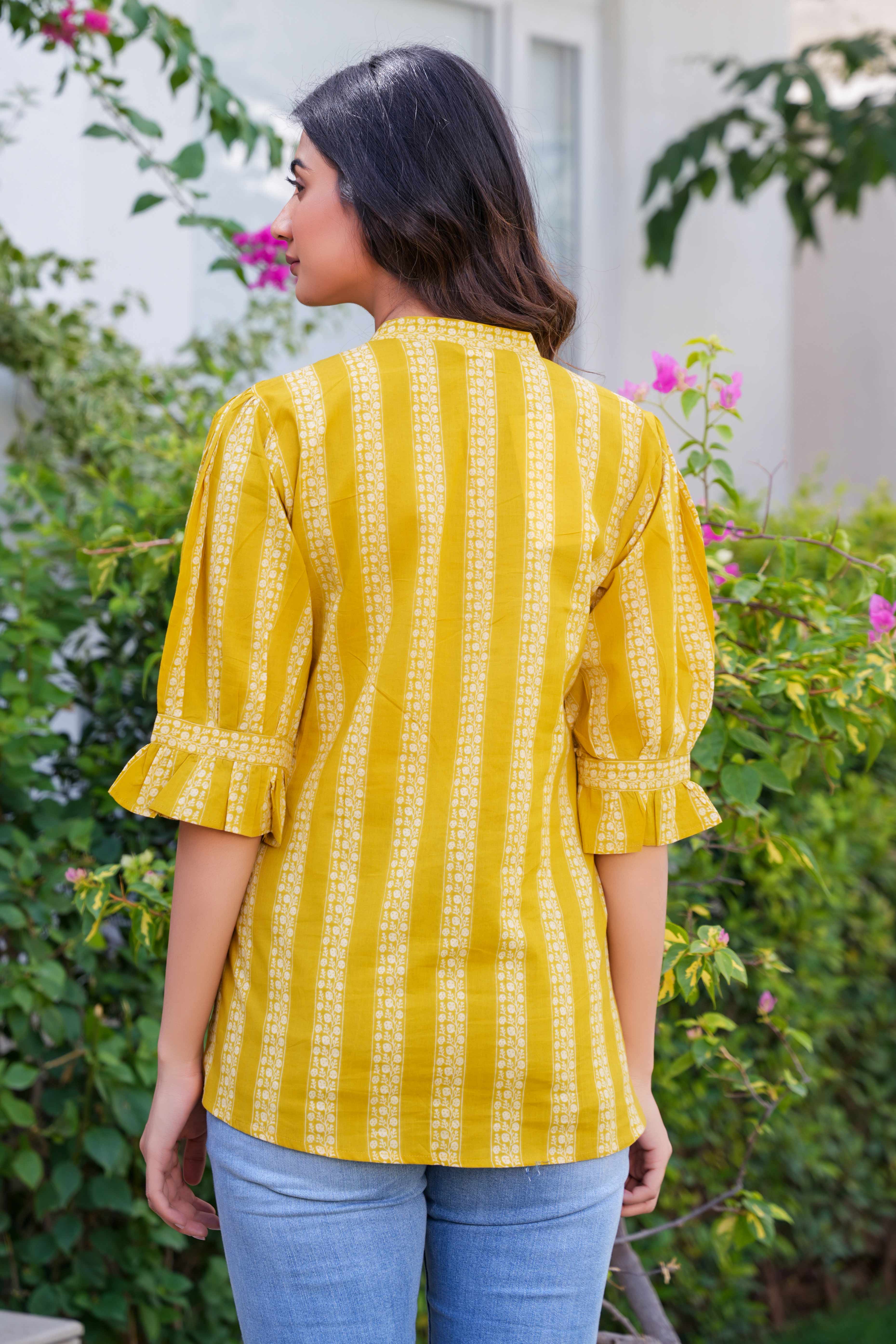 Everyday Comfort Olive Shirt Top with Elegant Floral-Striped Print in Pure Cotton