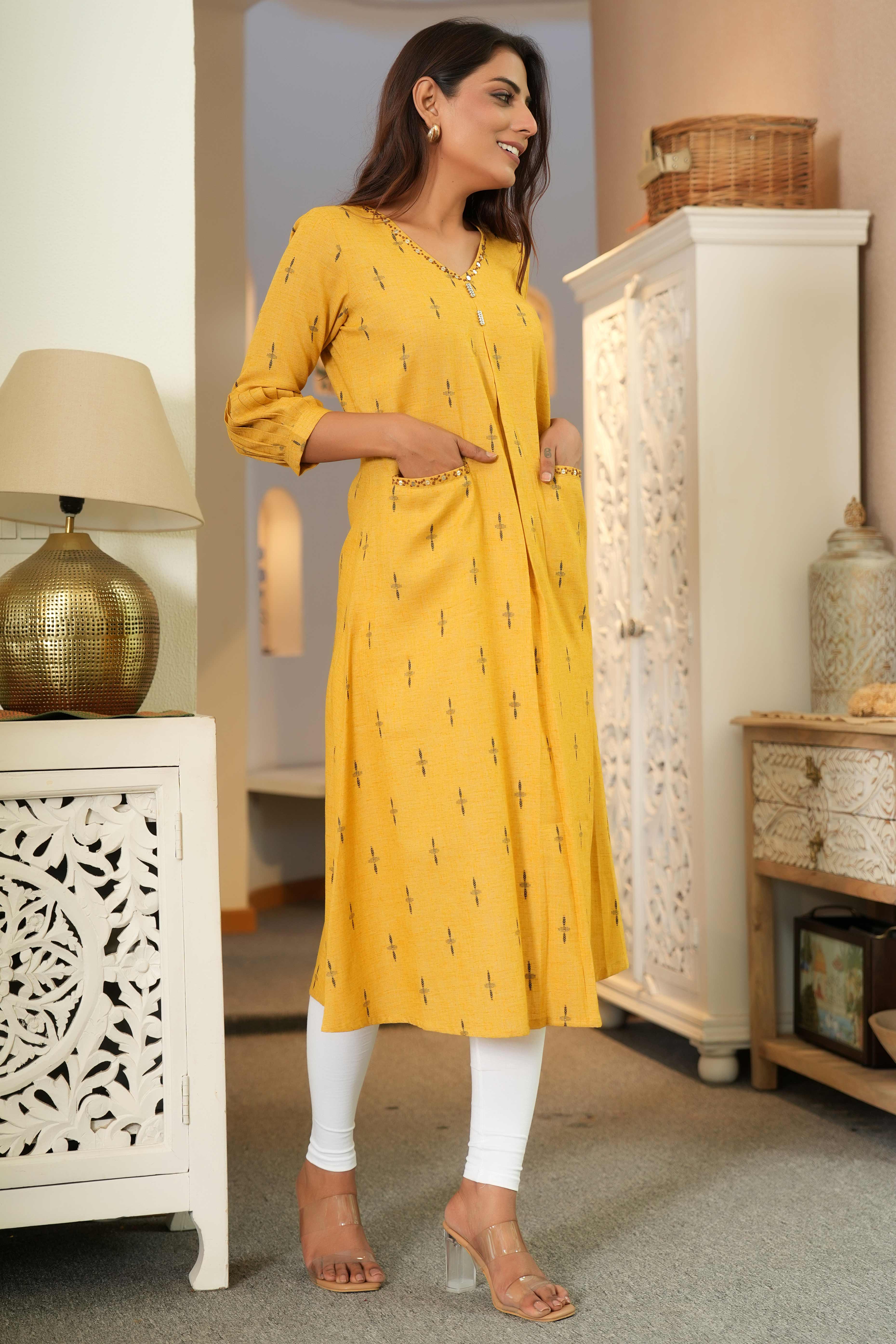 Yellow Pure Cotton A-Line Kurti with Elegant Weaving and Beads Work