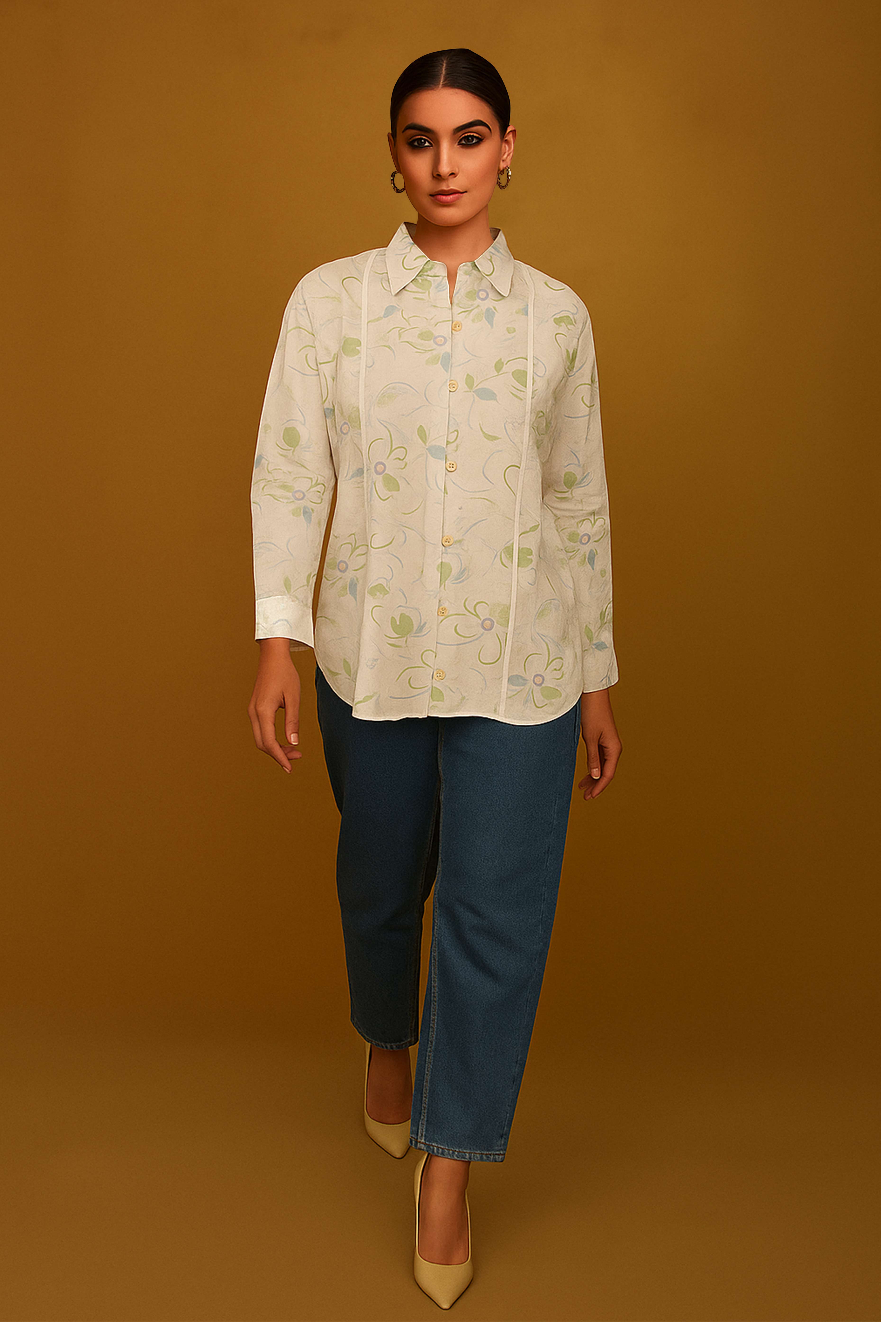 Pure Cotton Off White Shirt Top with Timeless Floral Print Detailing