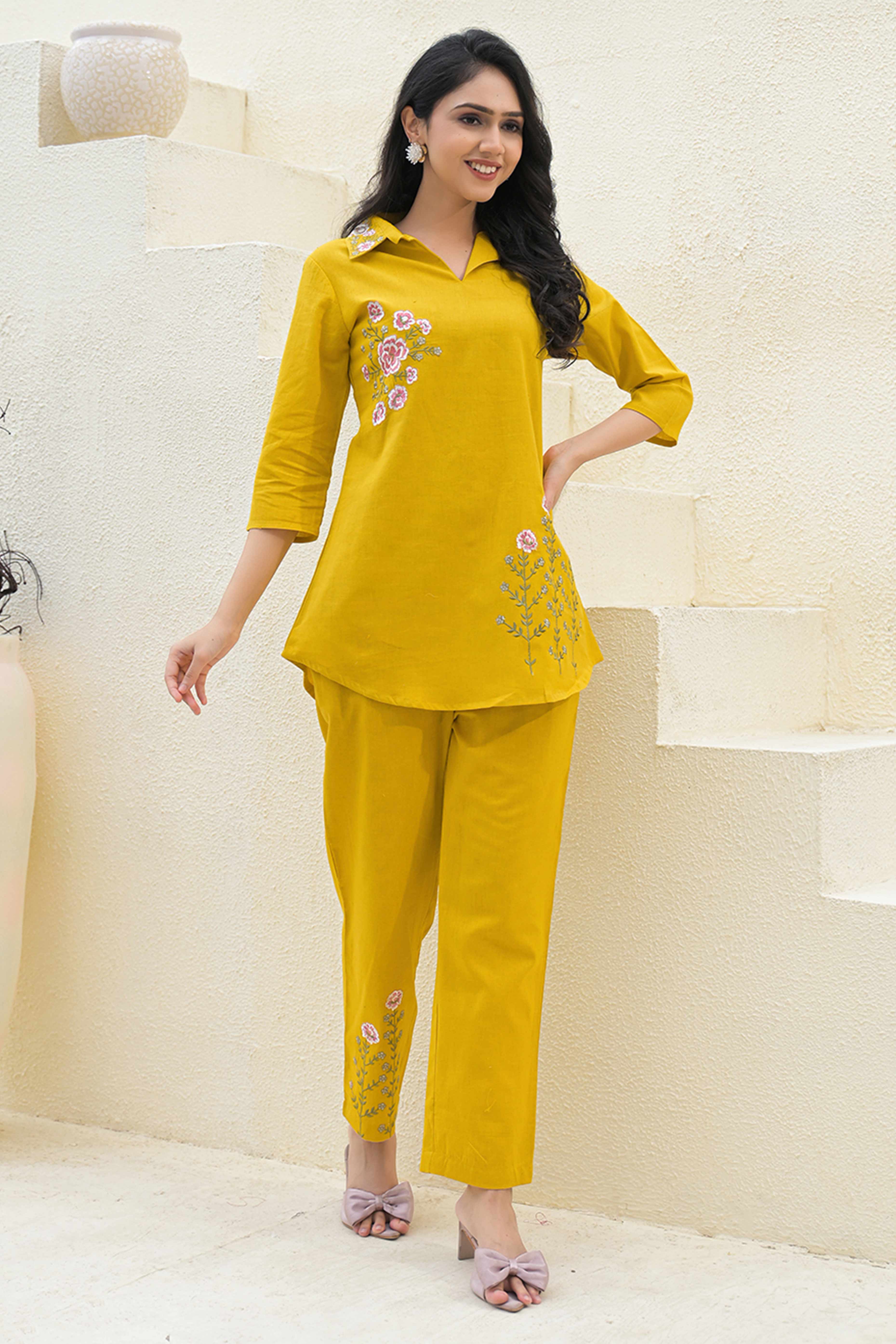 Chic Mustard Pure Cotton Co-Ord Set with Collar Neck and Delicate Floral Embroidery