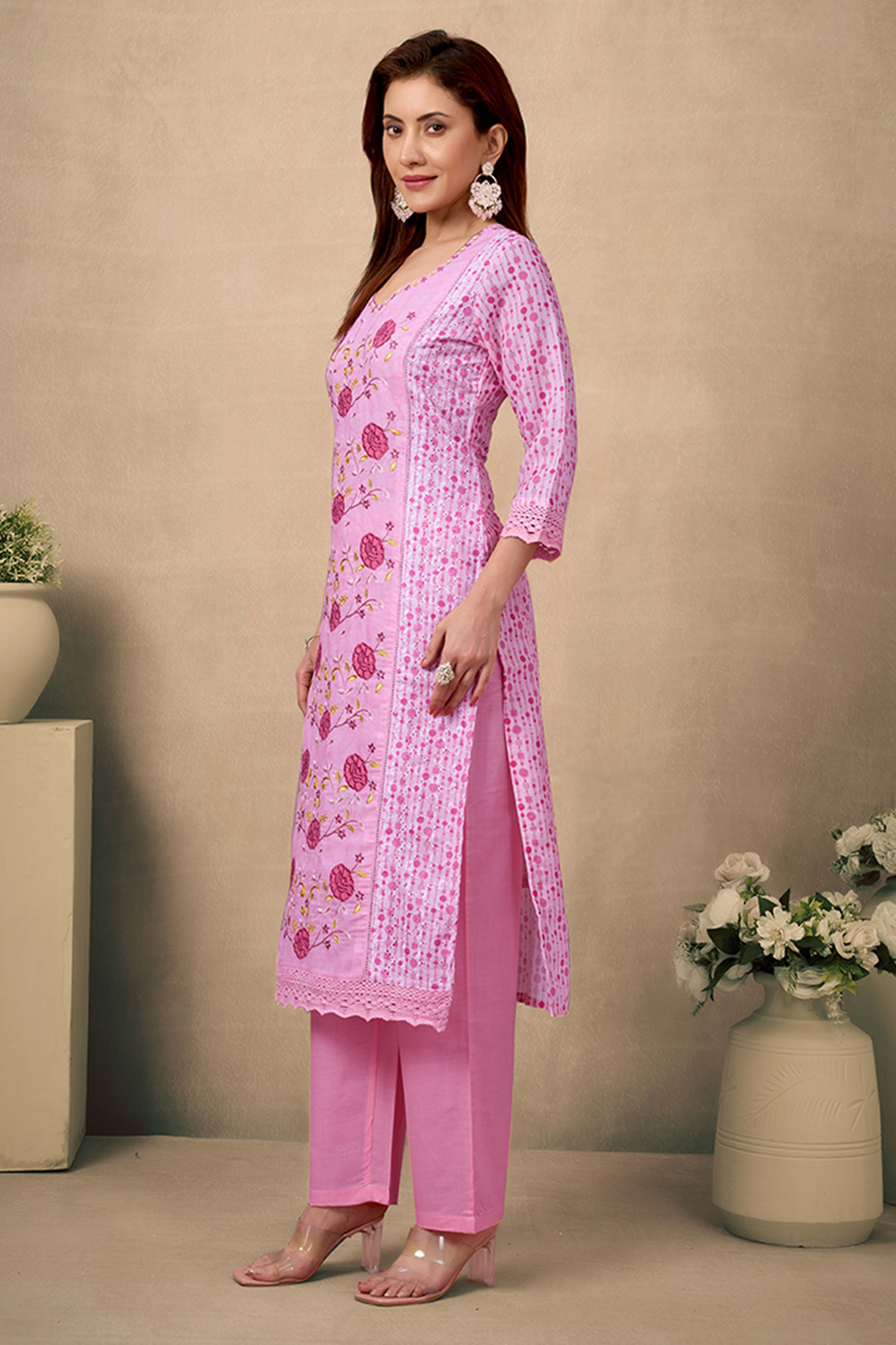 Pink Cotton Blend Straight Suit Featuring Feminine Floral Designs