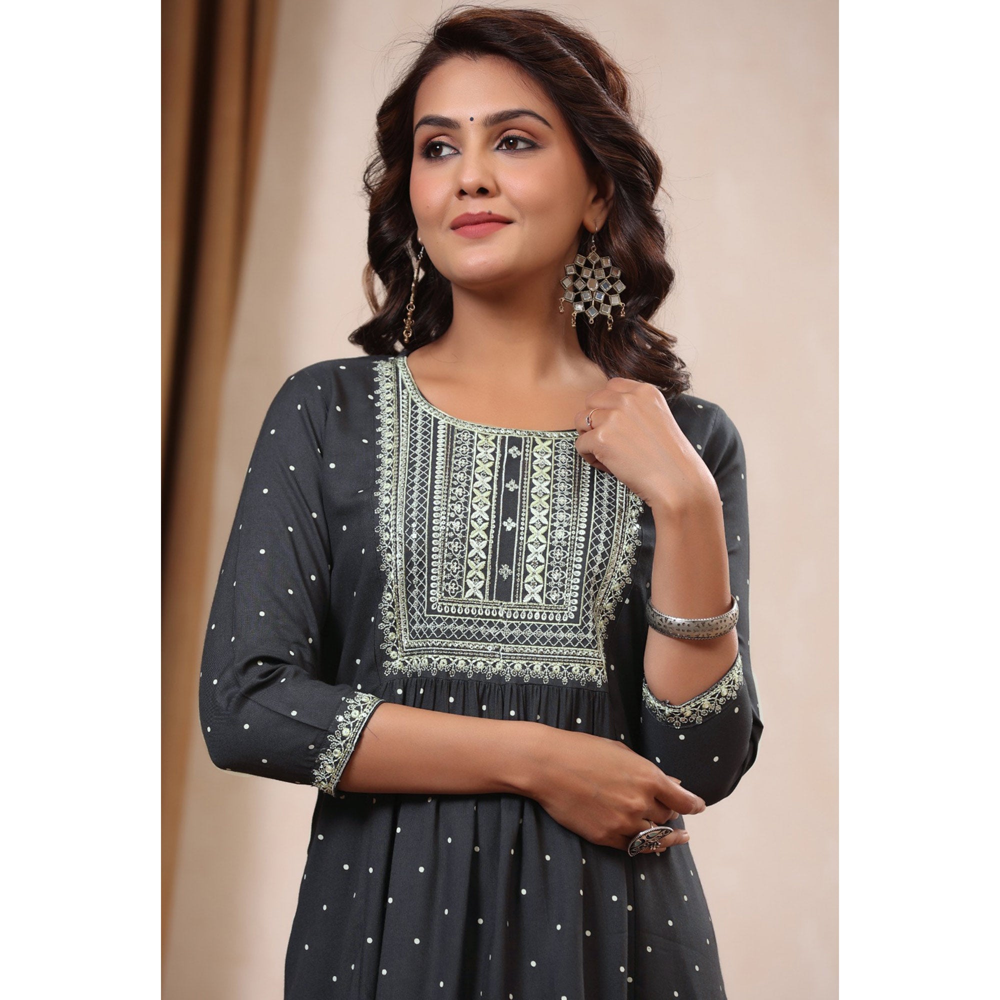 Grey Floral Embroidered Rayon Kurti