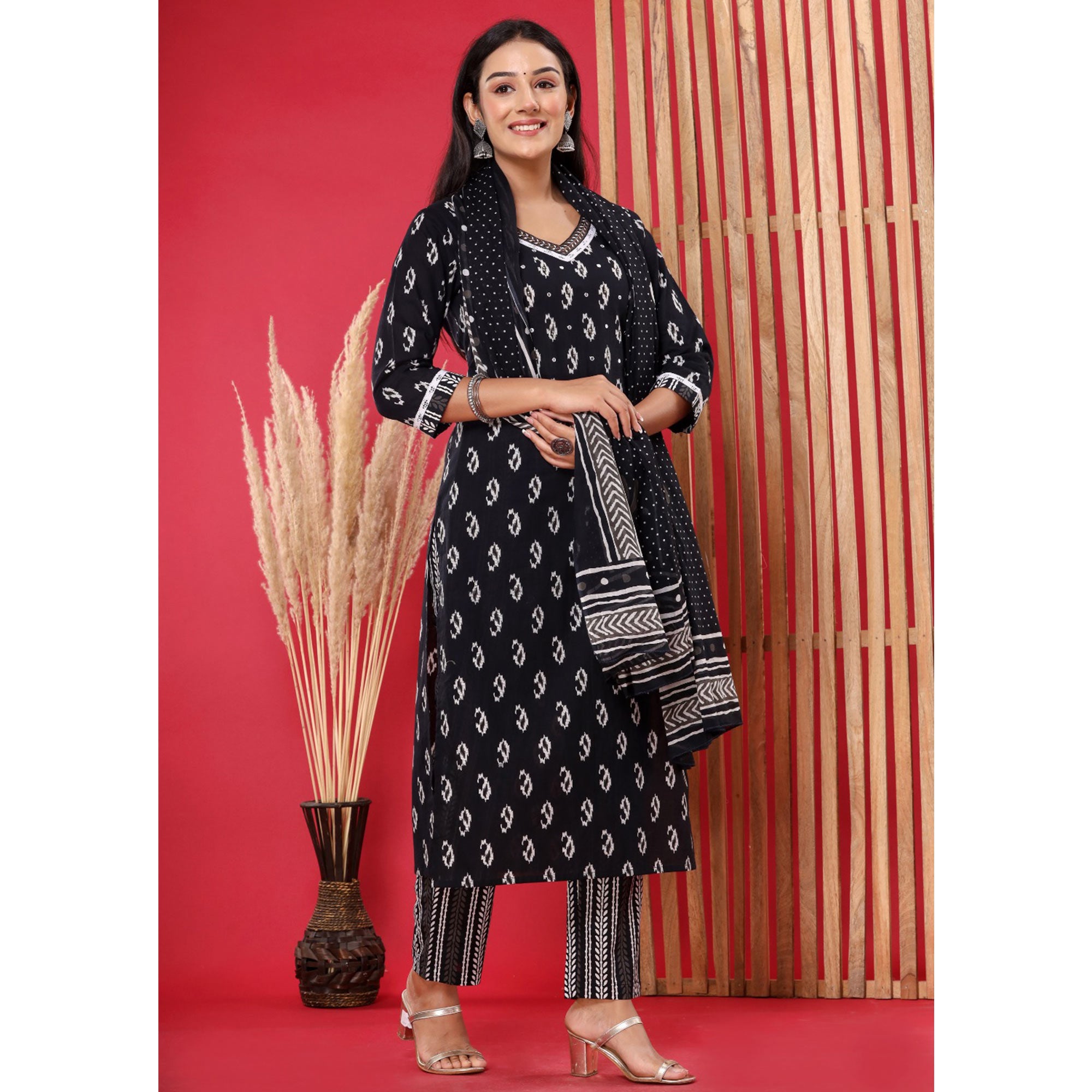 Black Printed Pure Cotton Suit