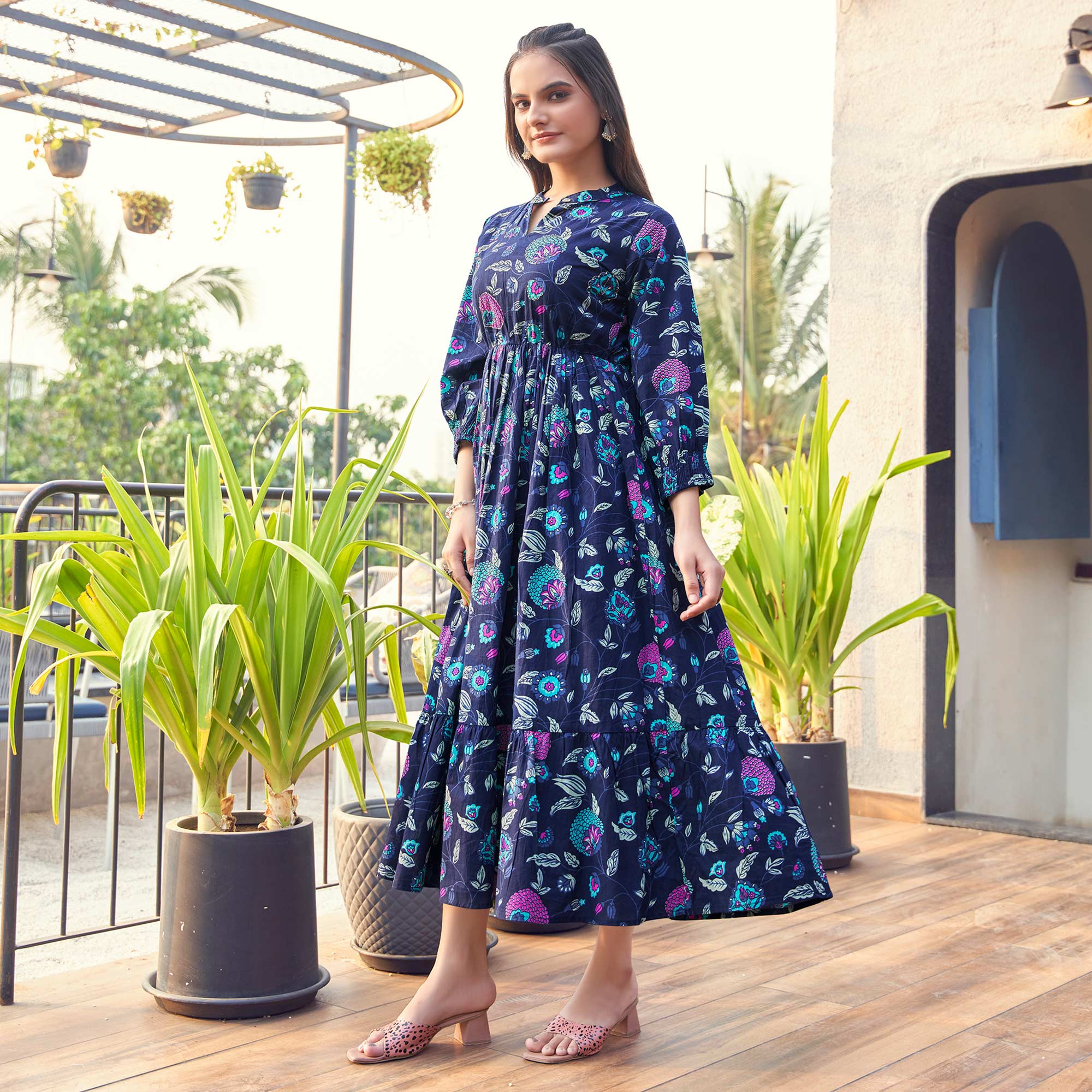 Navy Blue Floral Printed Pure Cotton Dress