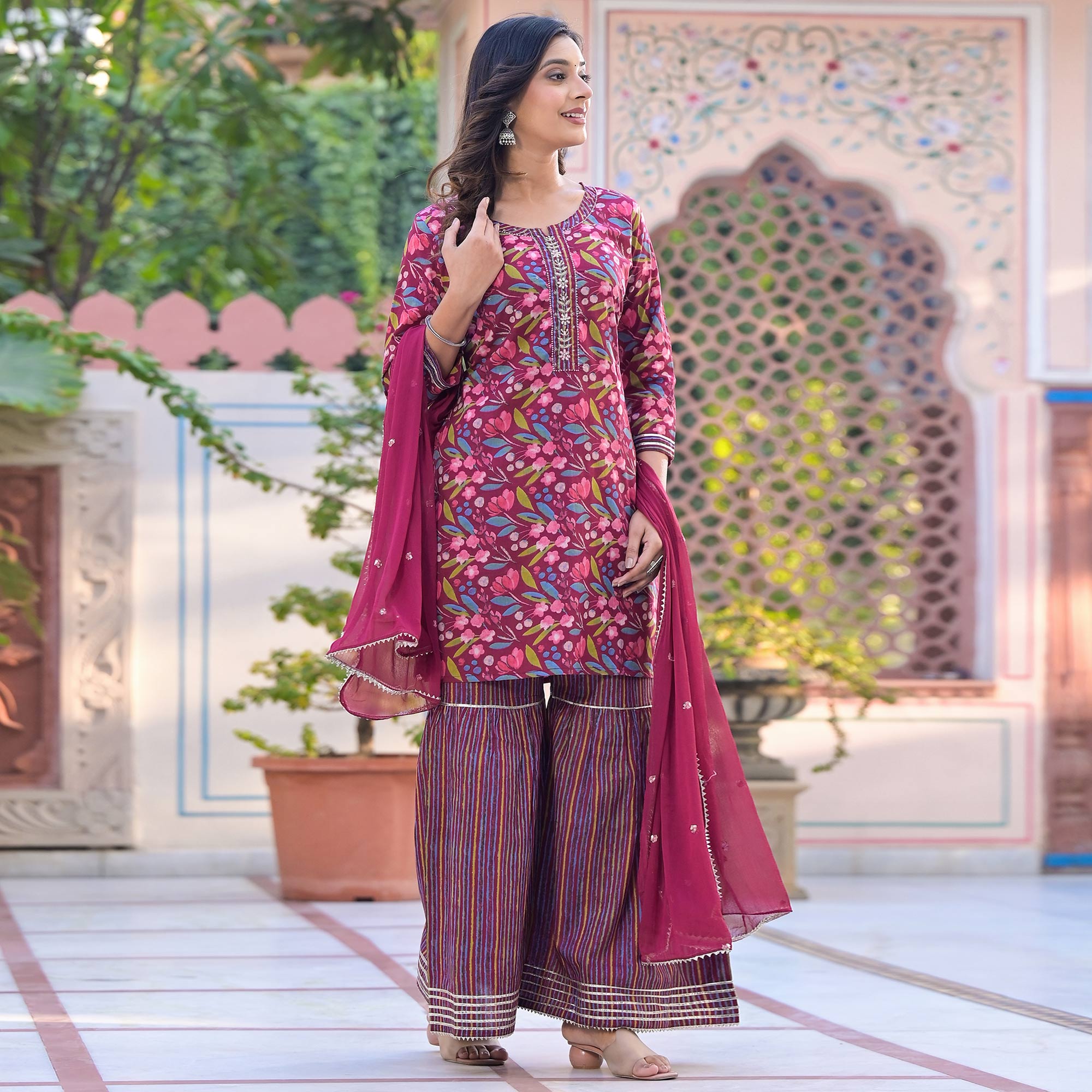 Wine Floral Printed Pure Cotton Sharara Suit
