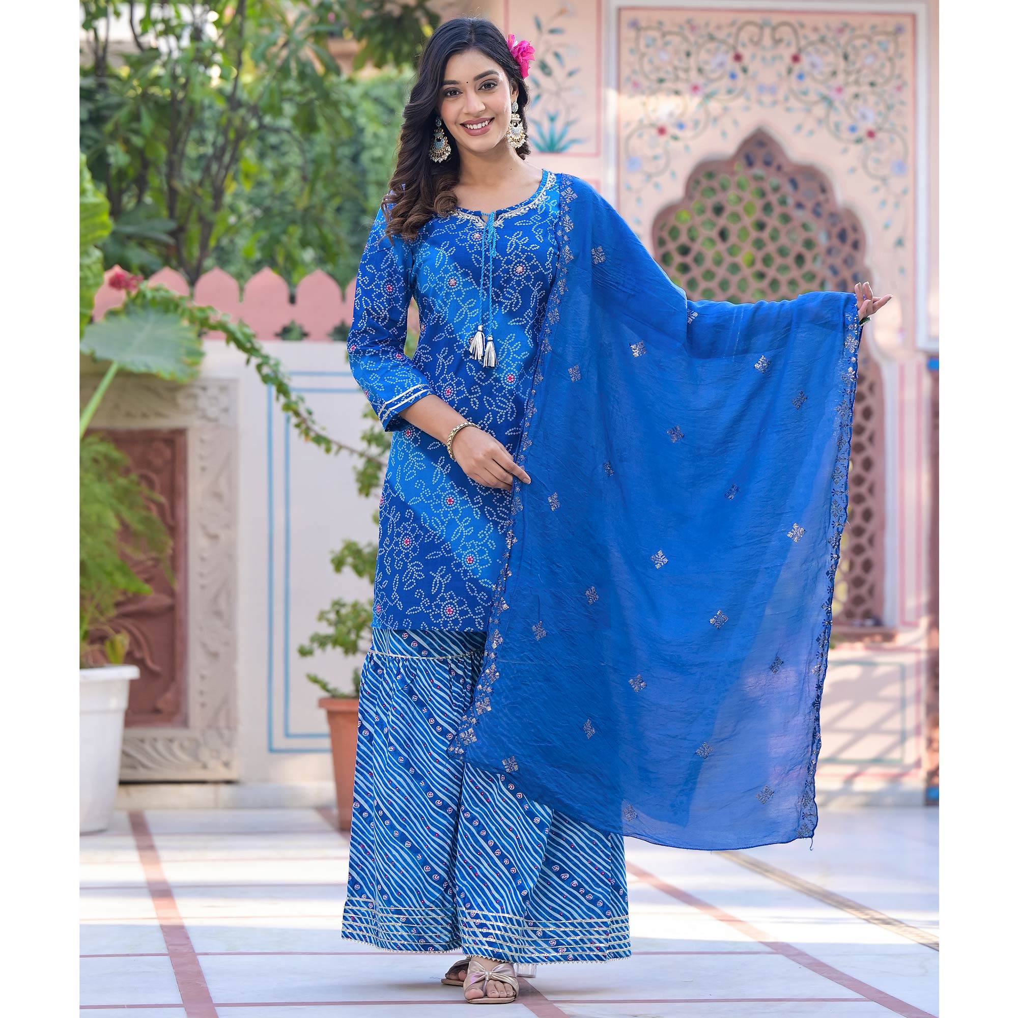 Blue Bandhani Printed Pure Cotton Sharara Suit