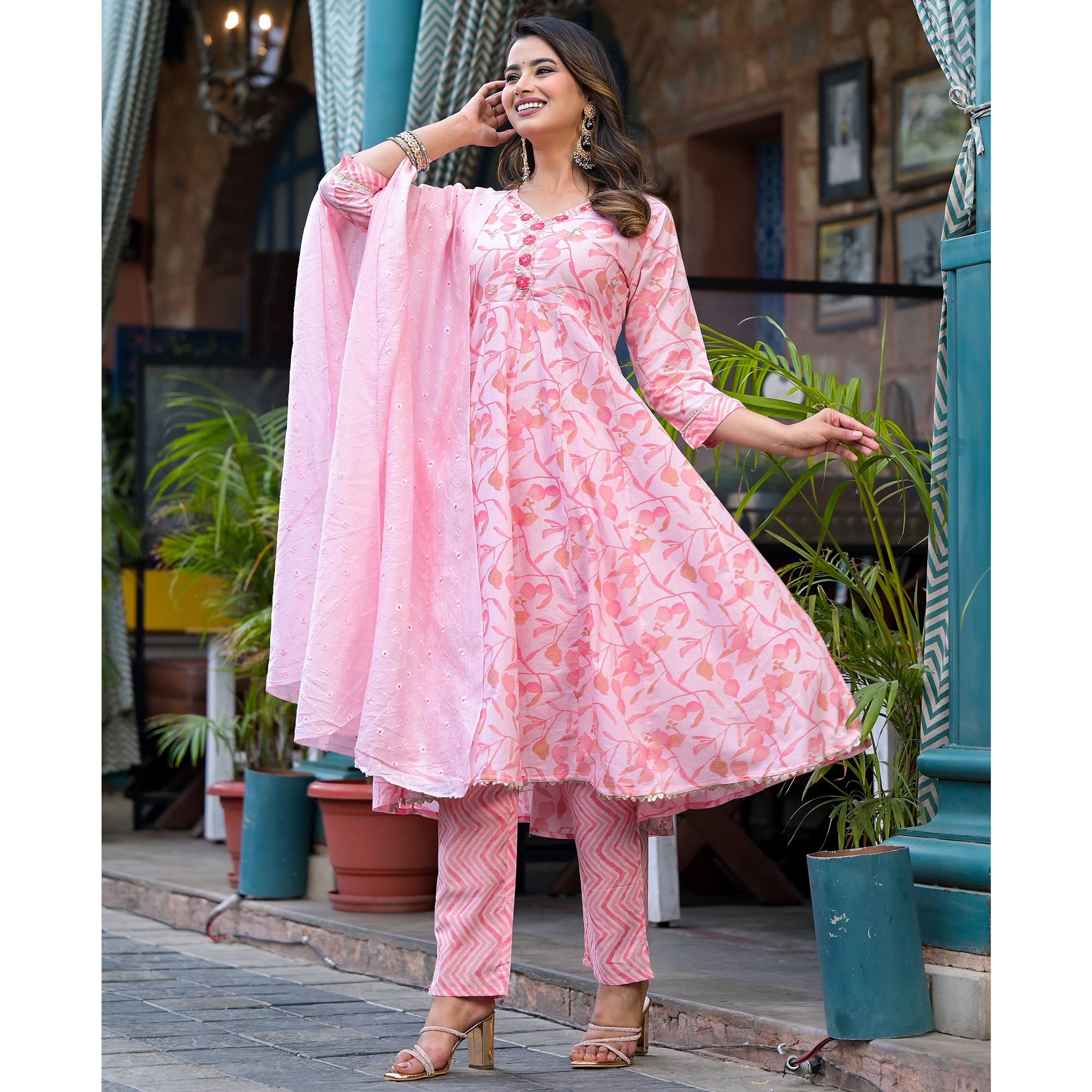 Peach Printed Pure Cotton A-Line Salwar Suit