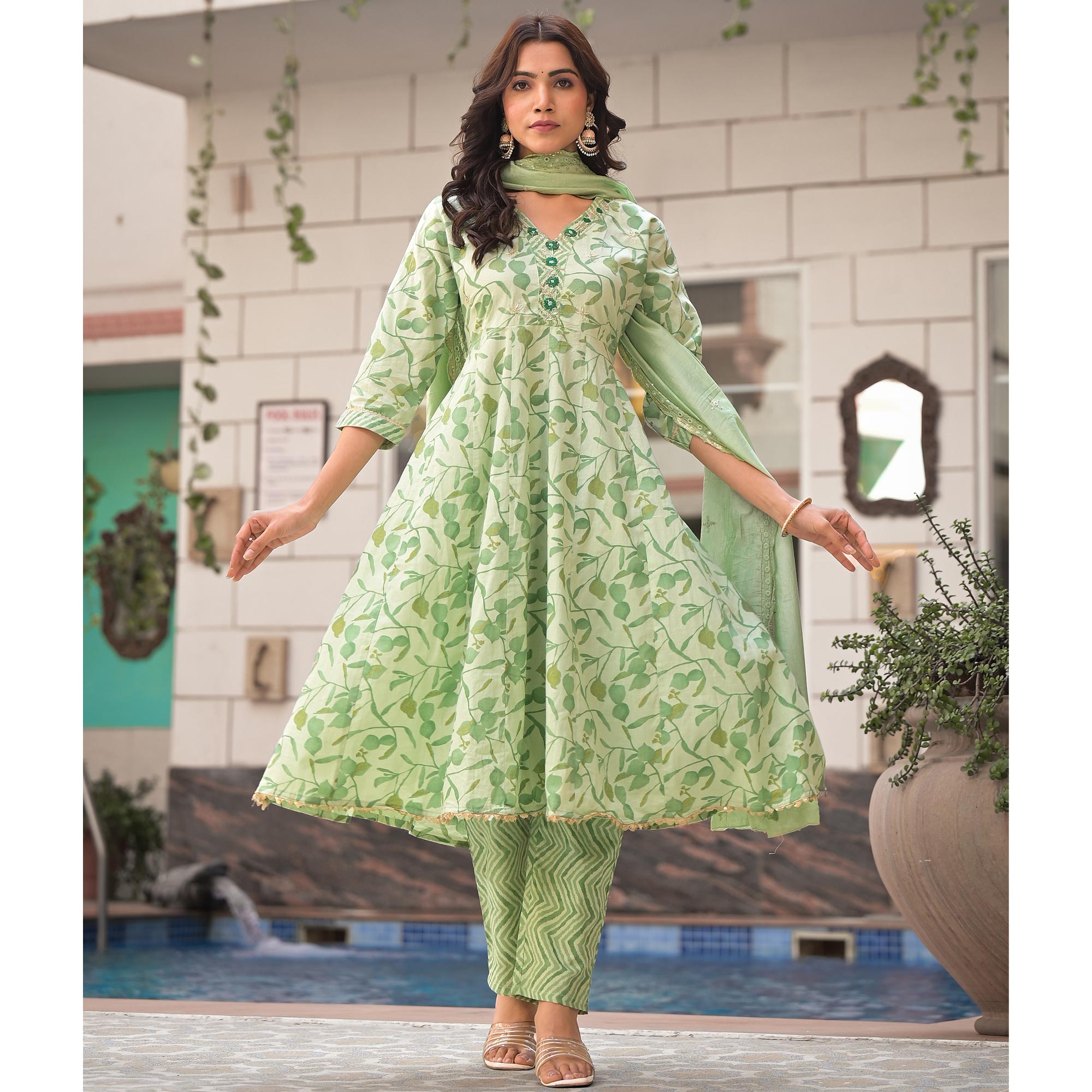 Pista Green Printed Pure Cotton A-Line Salwar Suit