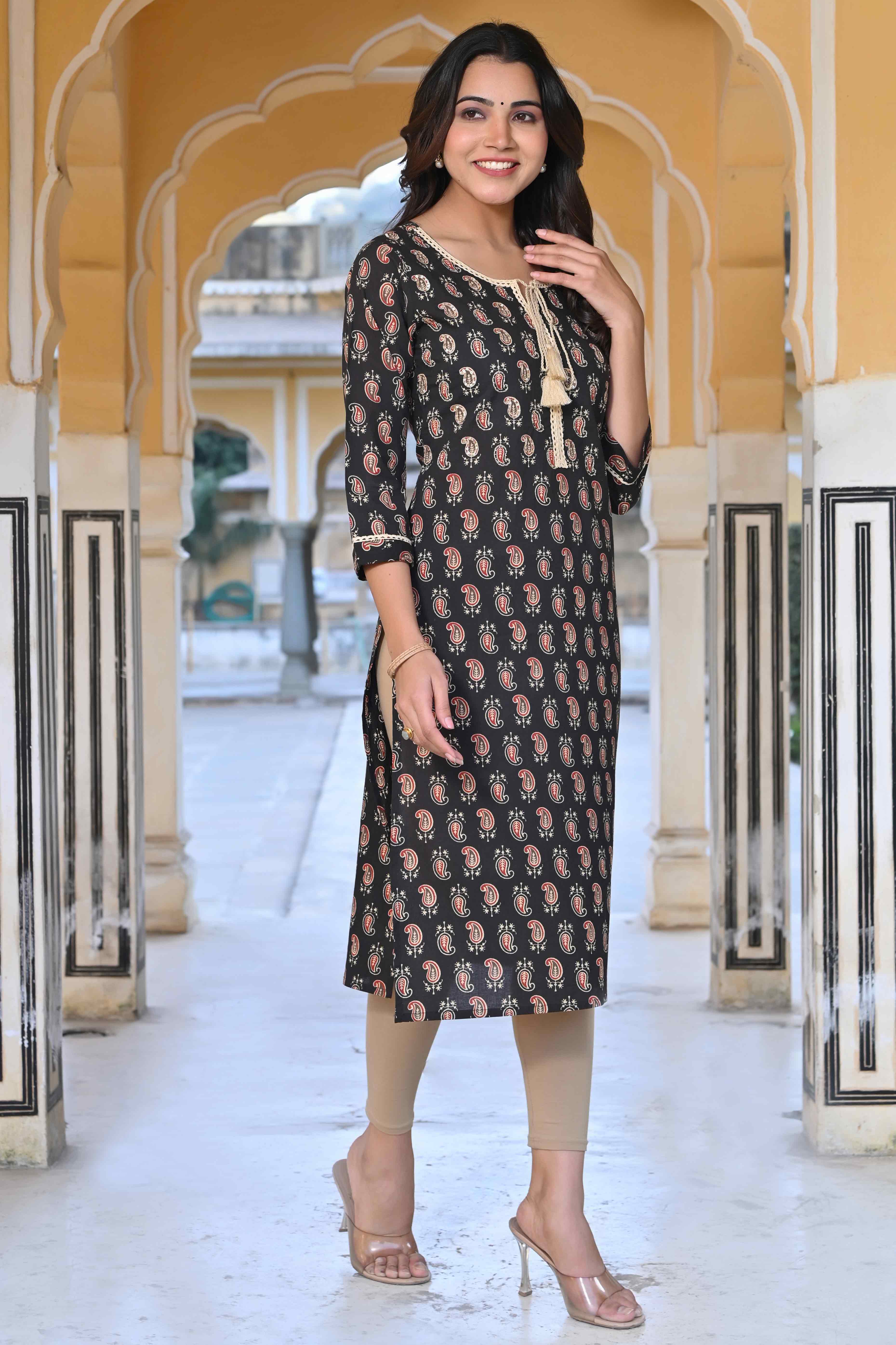 Black Paisley Printed Pure Cotton Straight Kurti