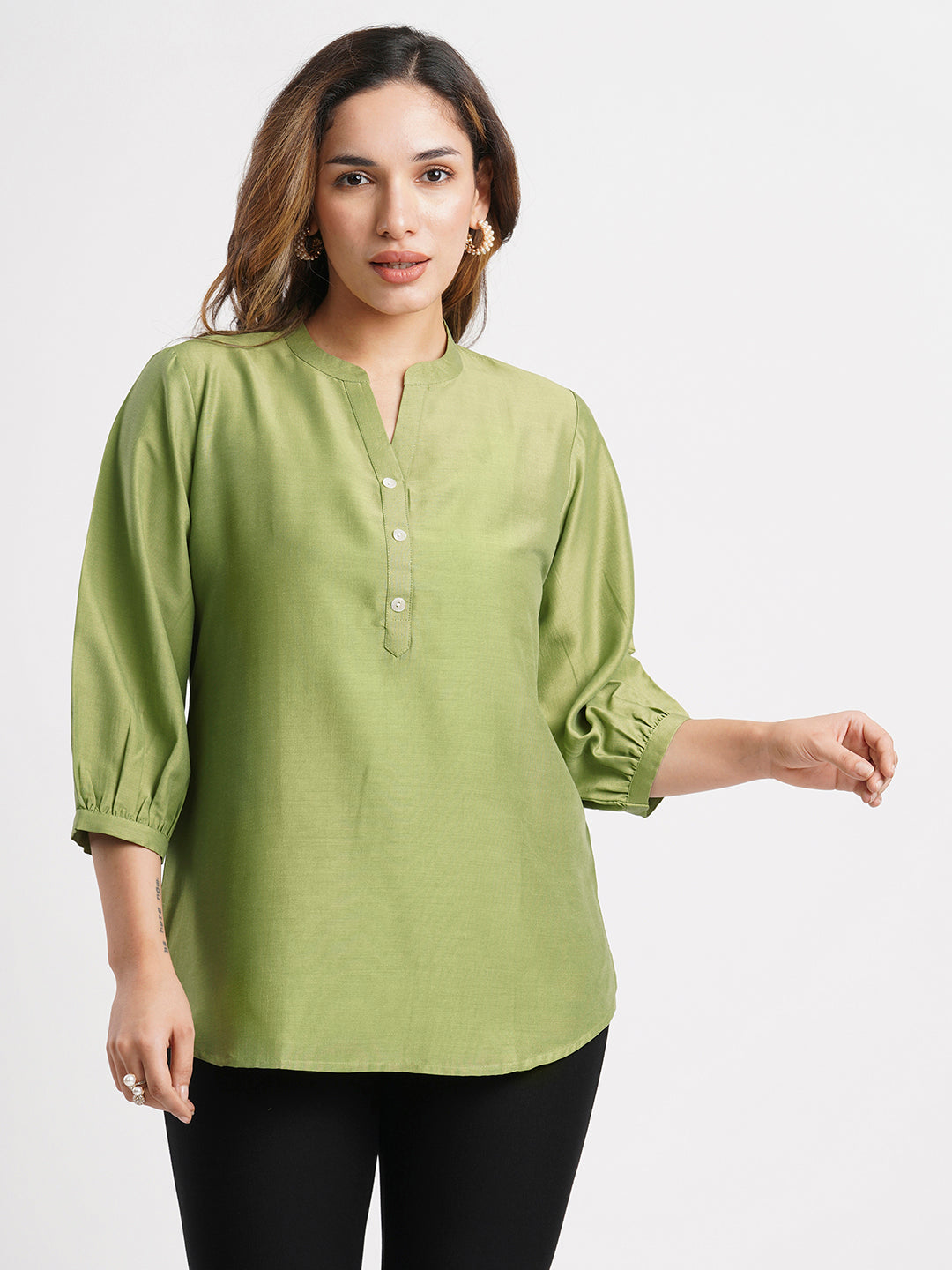 Green Solid Poly Chinon Straight Top