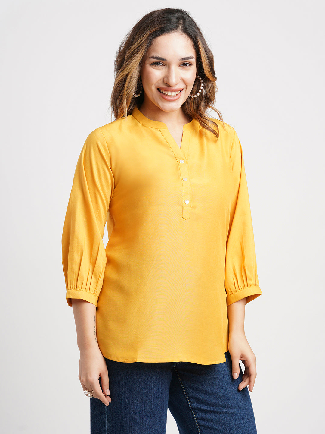 Mustard Solid Poly Chinon Straight Top