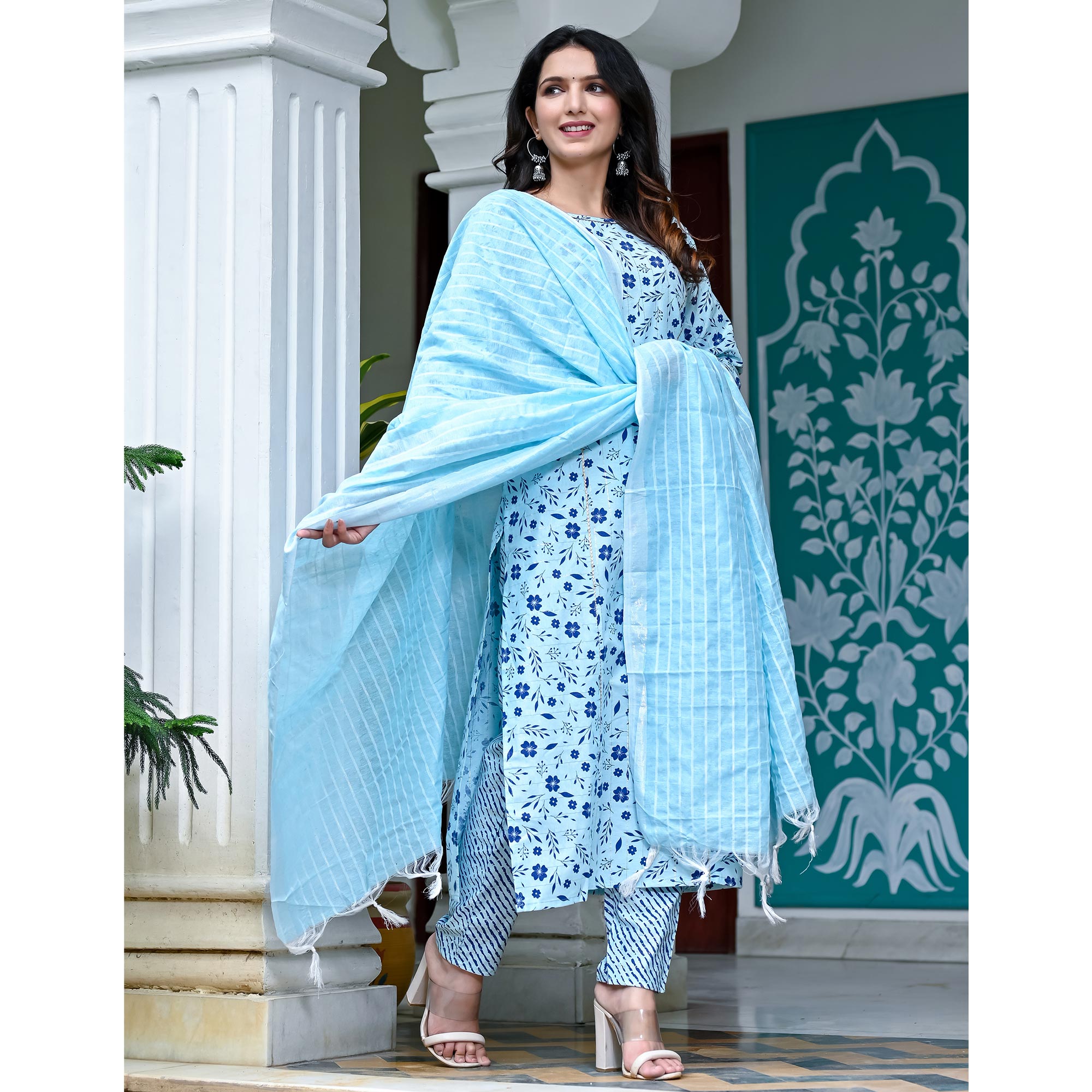 Light Blue Floral Printed Pure Cotton Suit