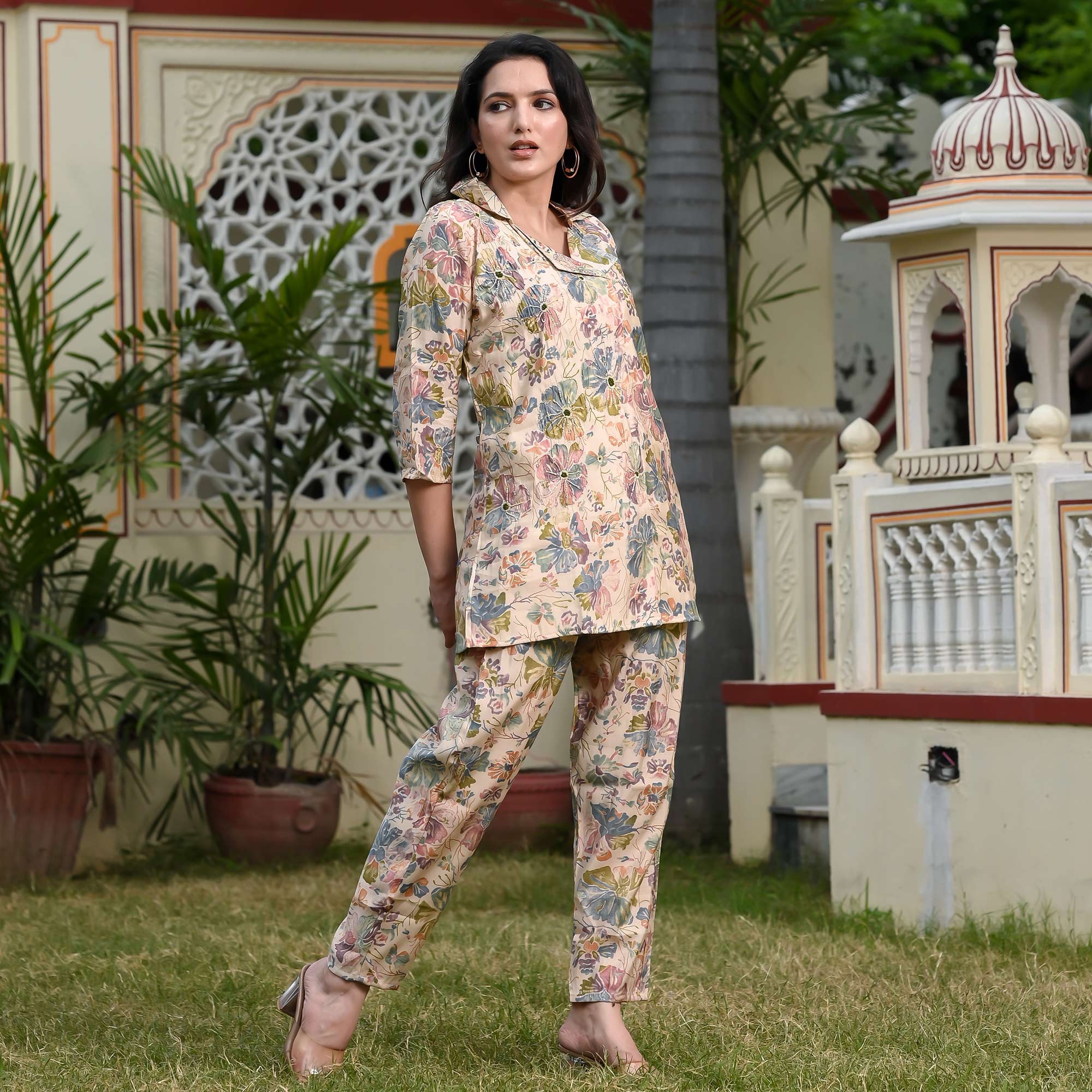 Cream Floral Printed Muslin Co Ord Set