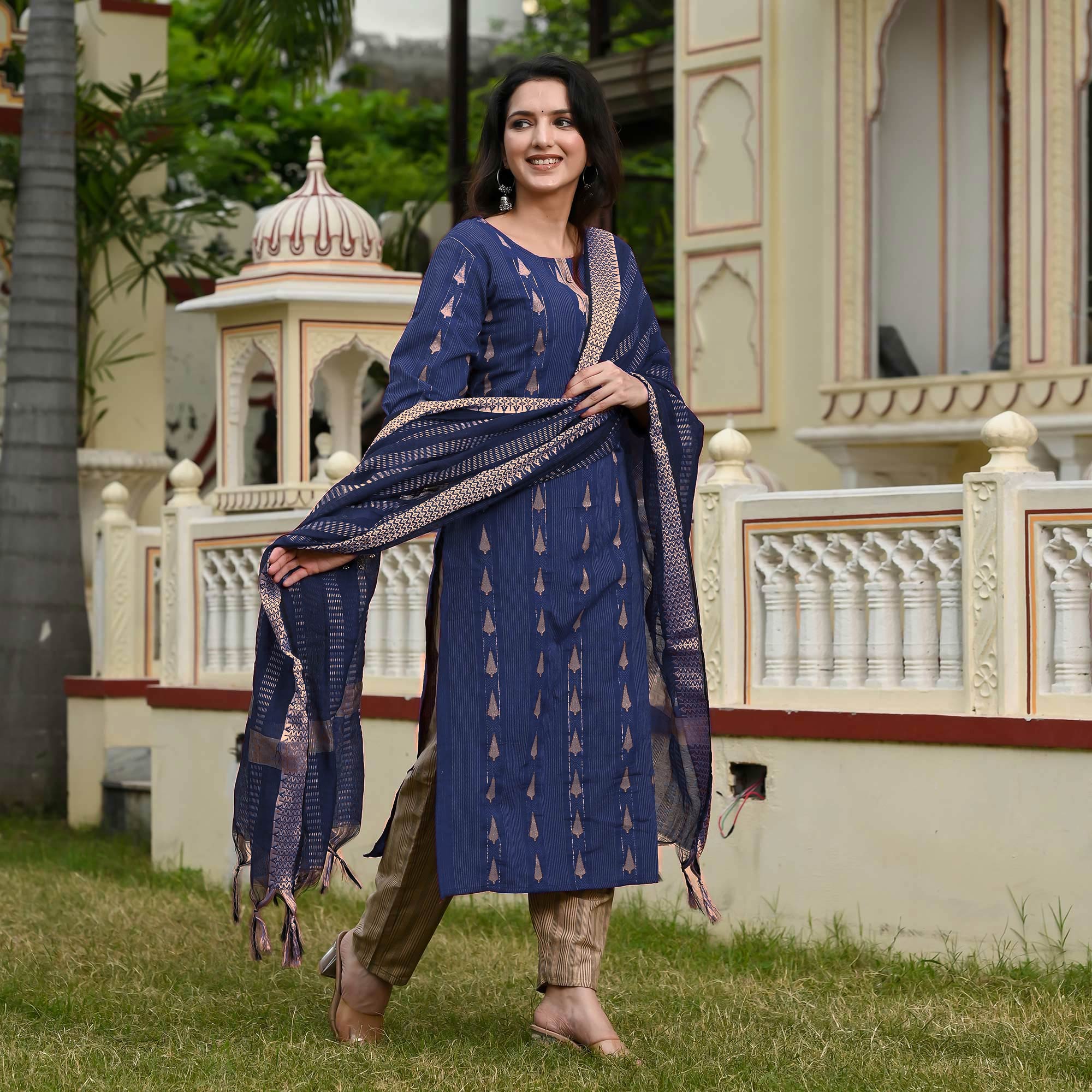 Navy Blue Woven Cotton Blend Salwar Suit