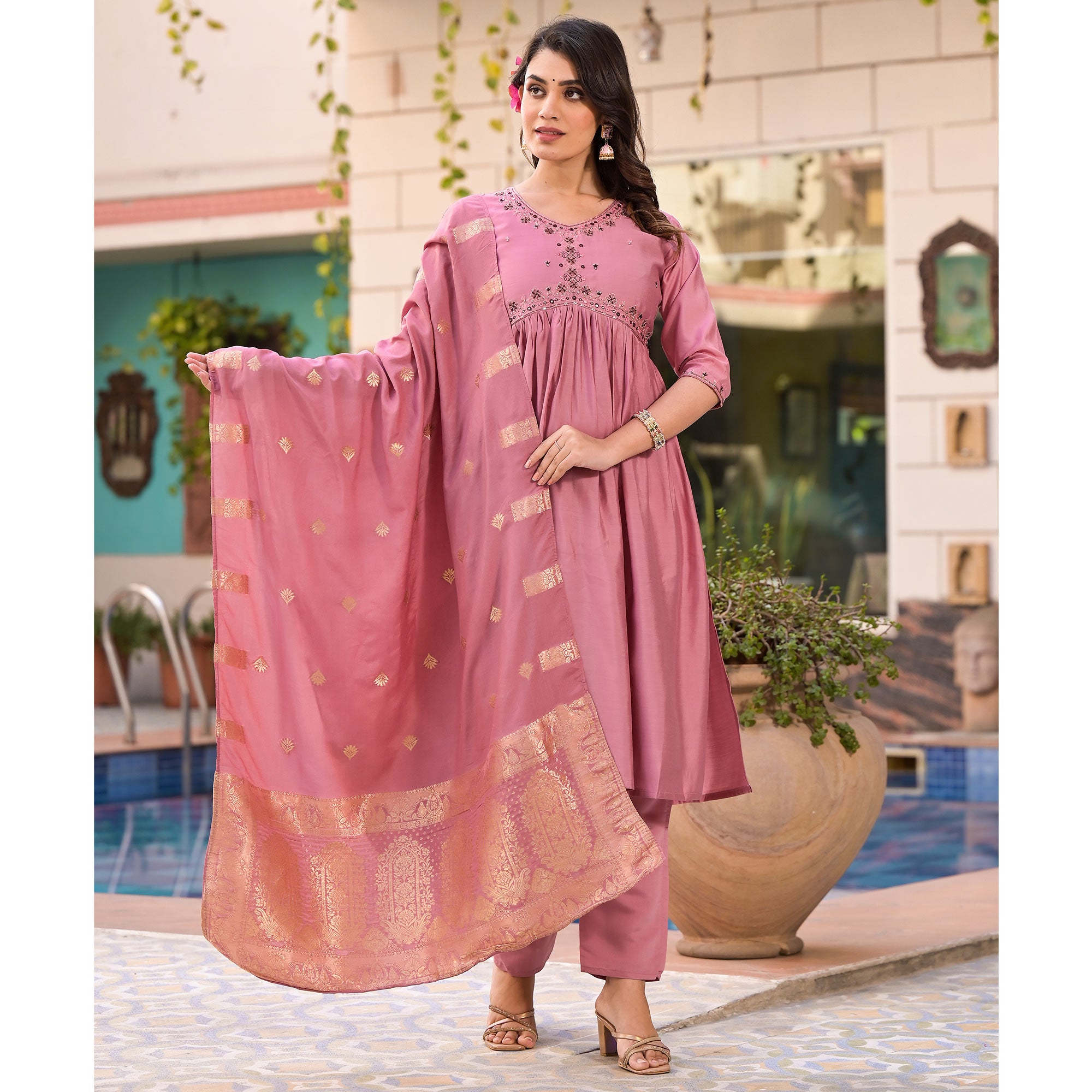 Pink Embroidered Viscose Salwar Suit