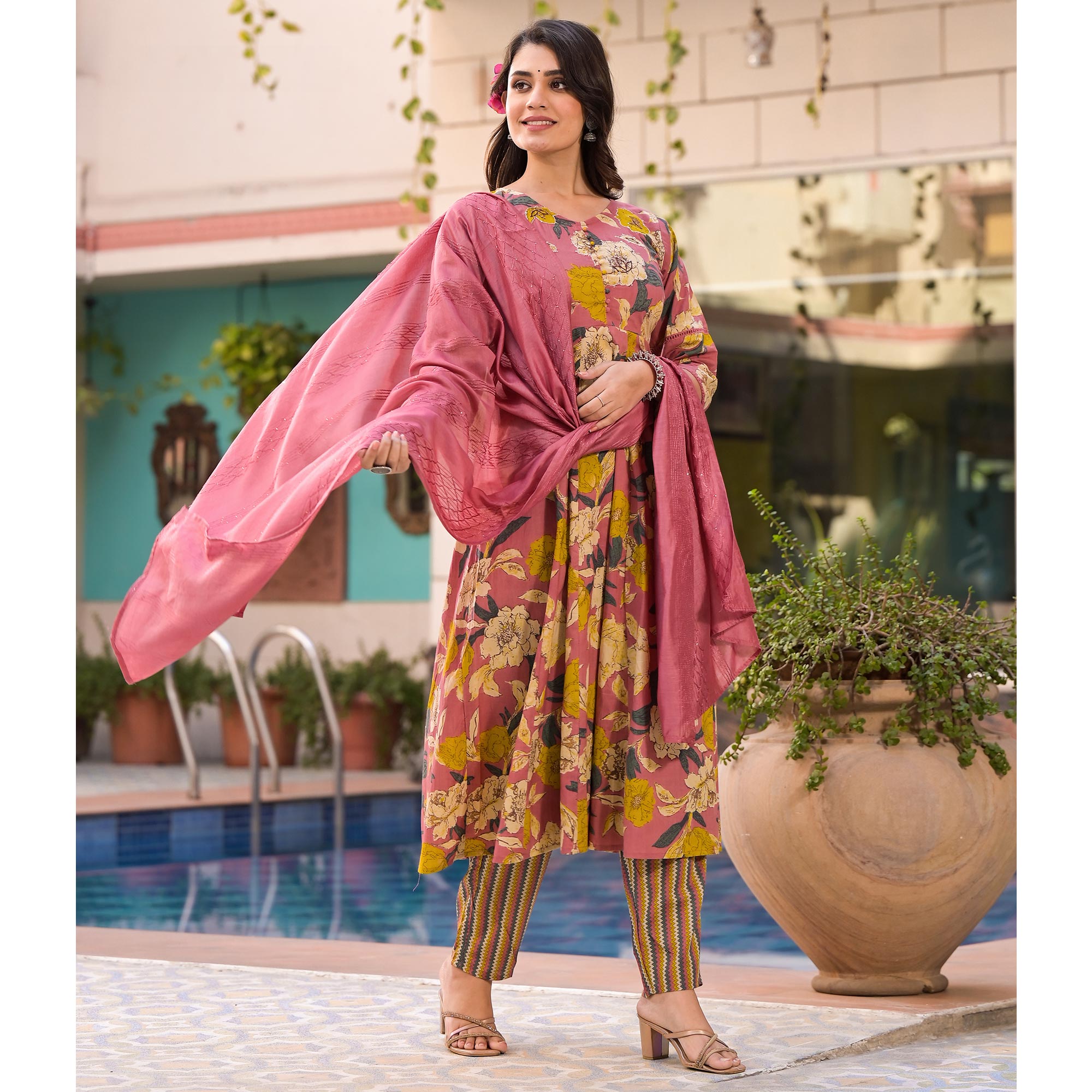 Pink Floral Printed Pure Cotton Anarakli Salwar Suit