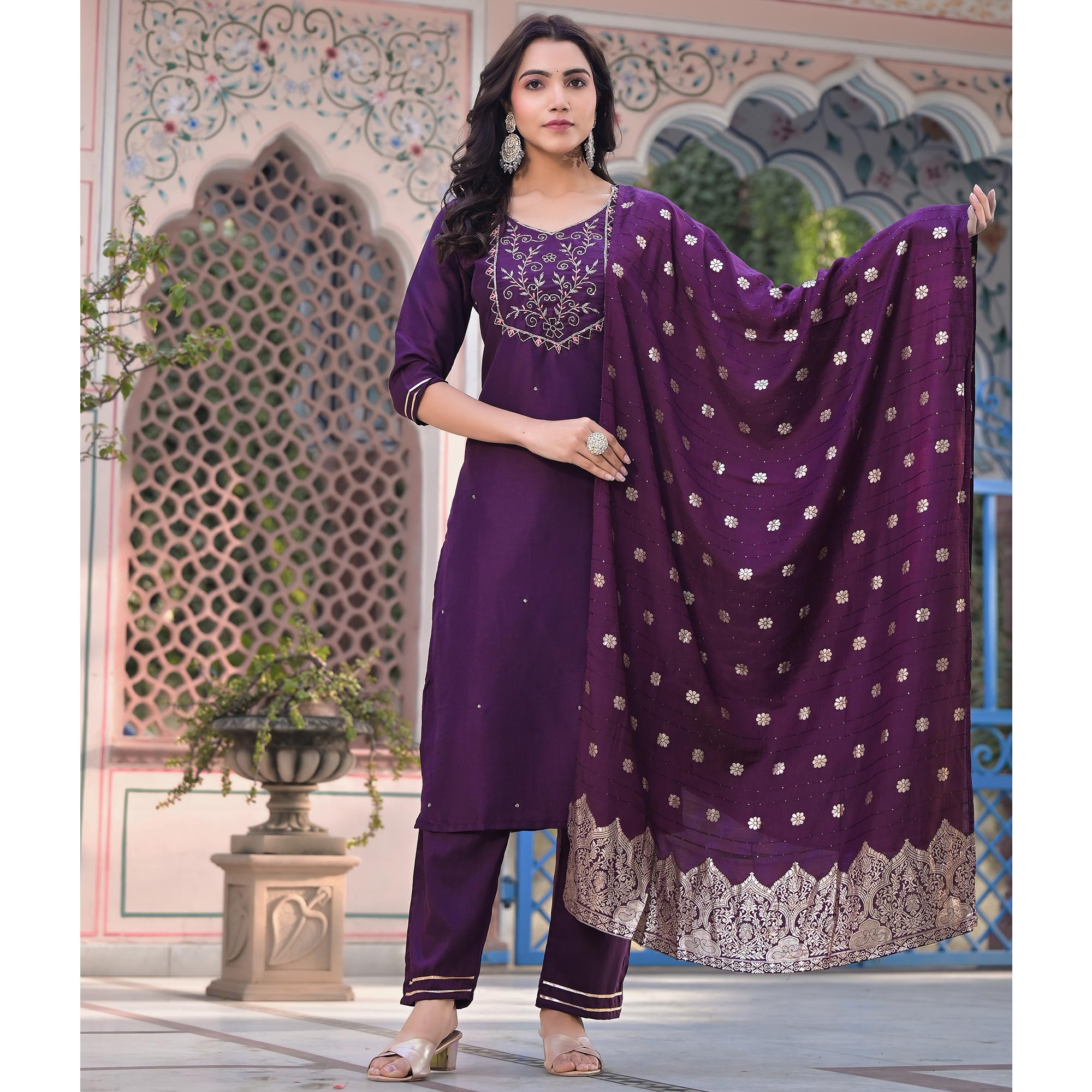 Wine Embroidered Chinon Salwar Suit With Handcrafted