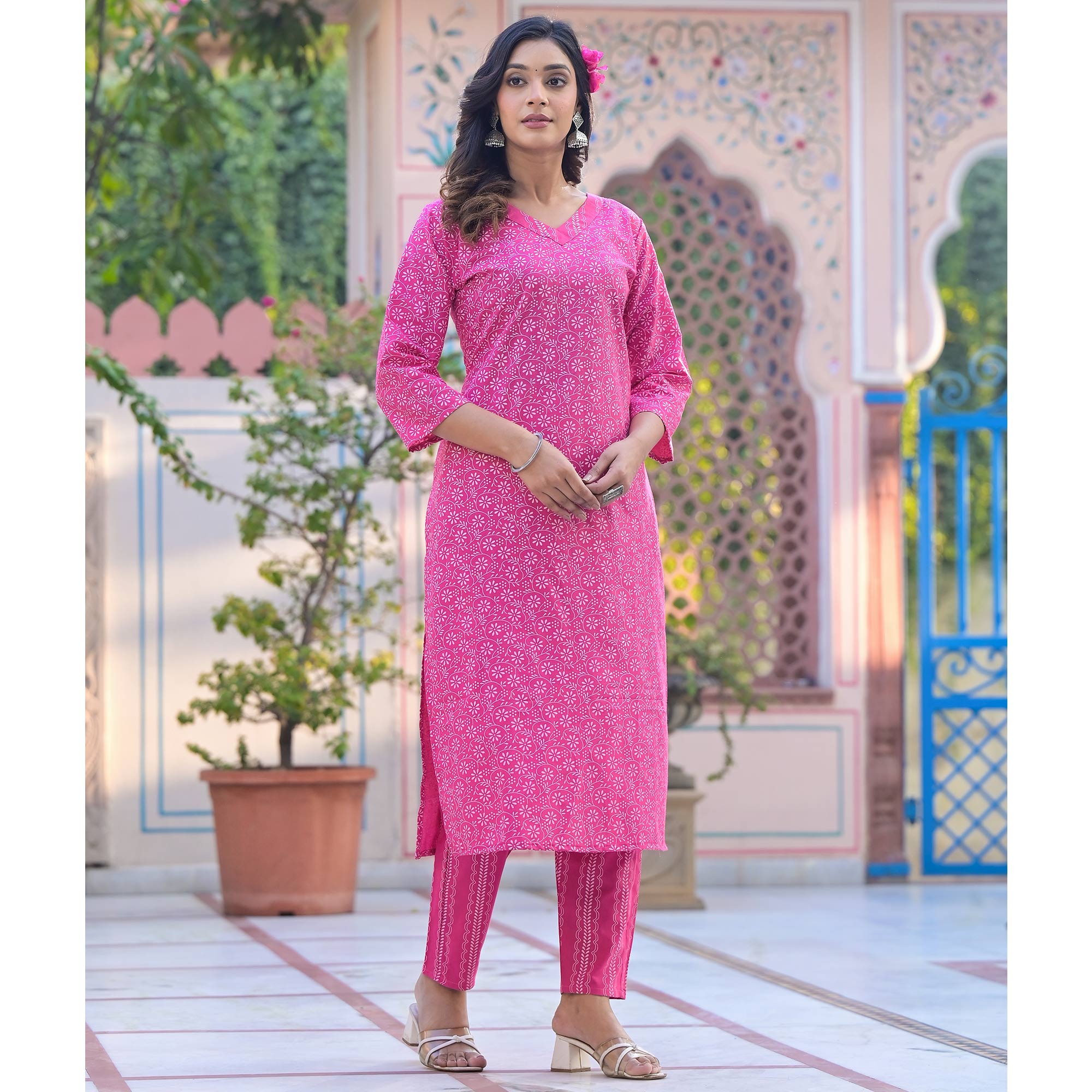 Pink Printed Pure Cotton Straight Kurti Sets