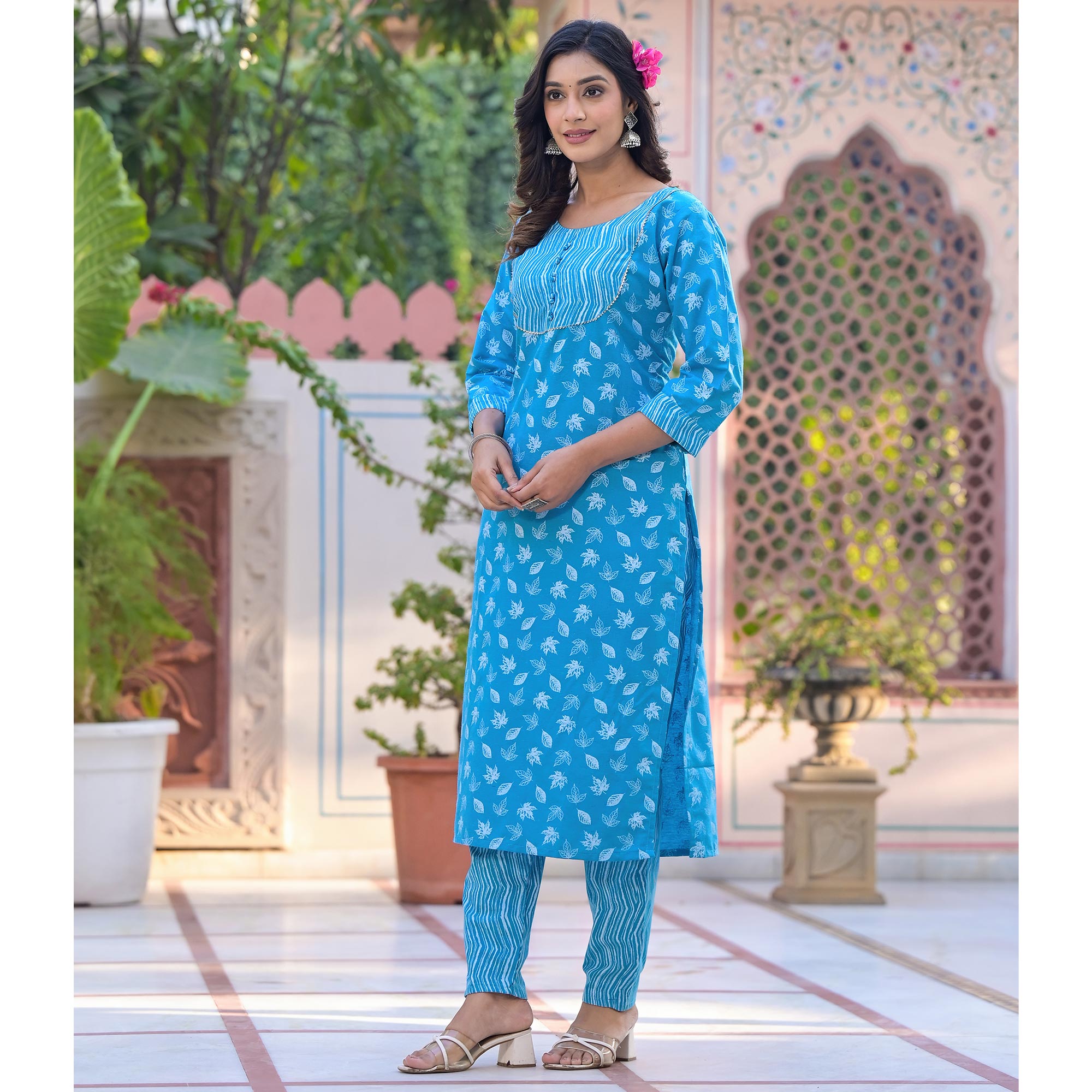 Blue Printed Pure Cotton Straight Kurti Sets