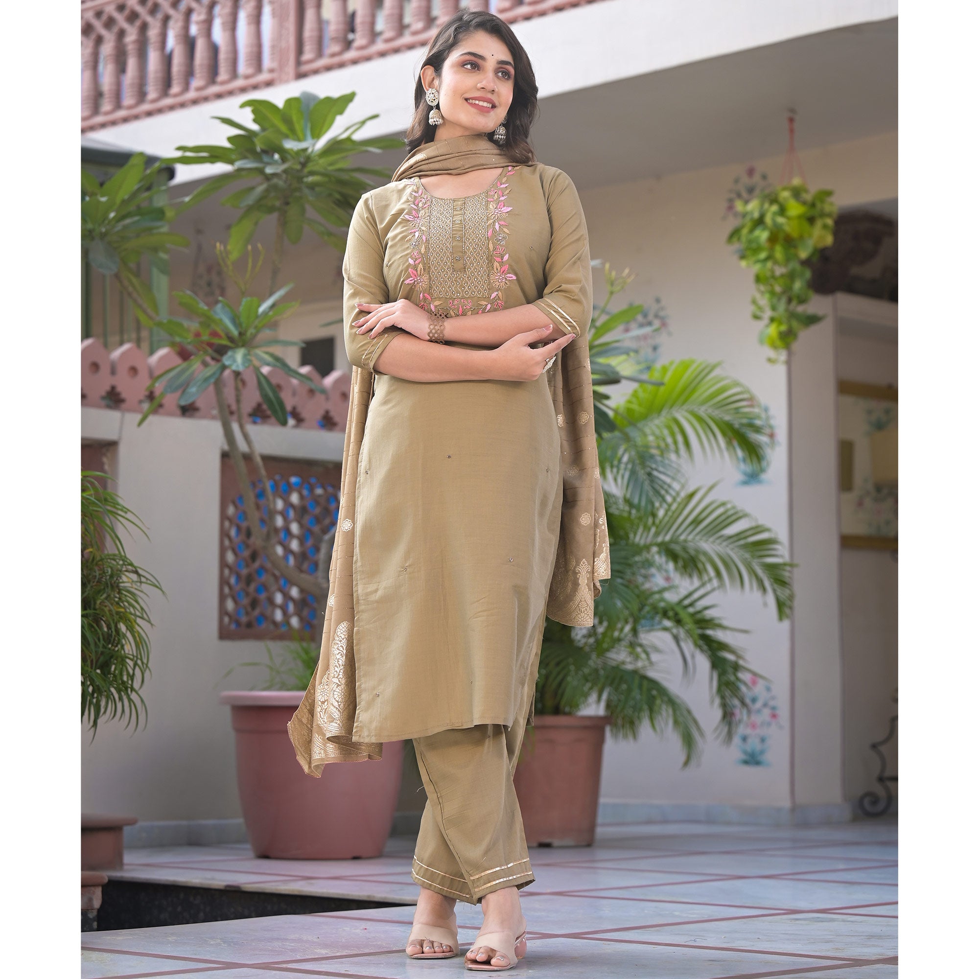 Chikoo Embroidered Chinon Salwar Suit With Handwork