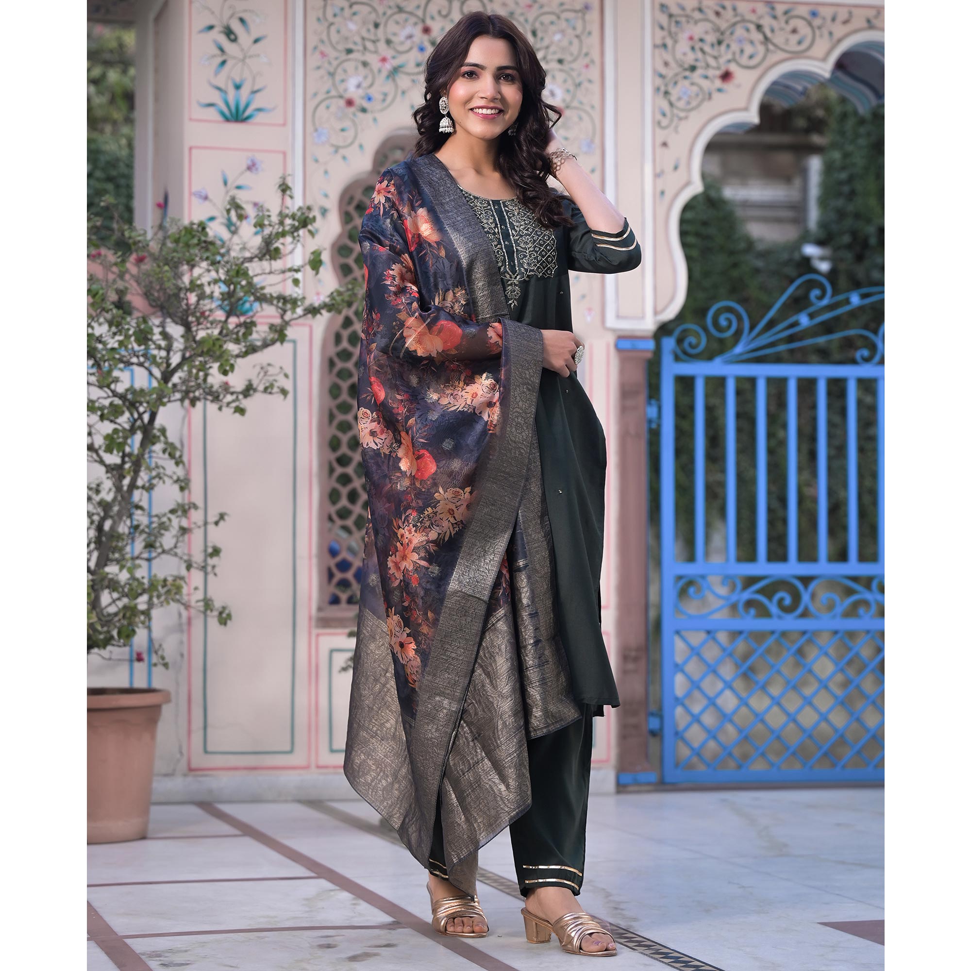 Grey Embroidered Dola Silk Straight Cut Salwar Suit