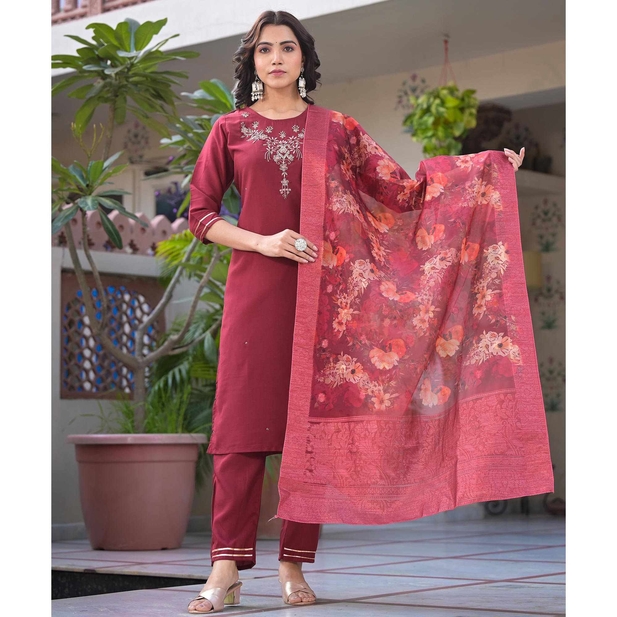 Maroon Embroidered Dola Silk Straight Cut Salwar Suit