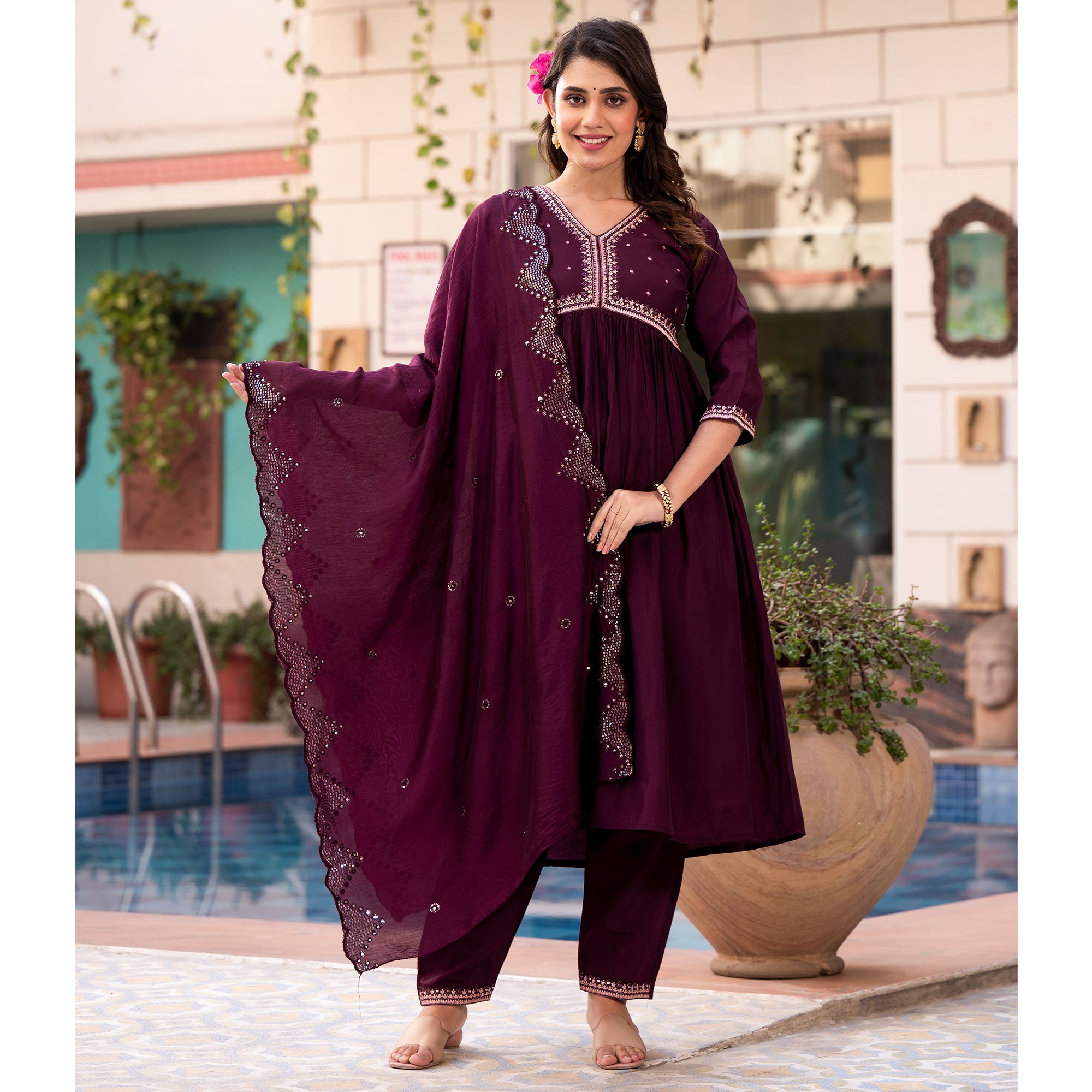 Wine Embroidered Pure Silk Alia Cut Salwar Suit