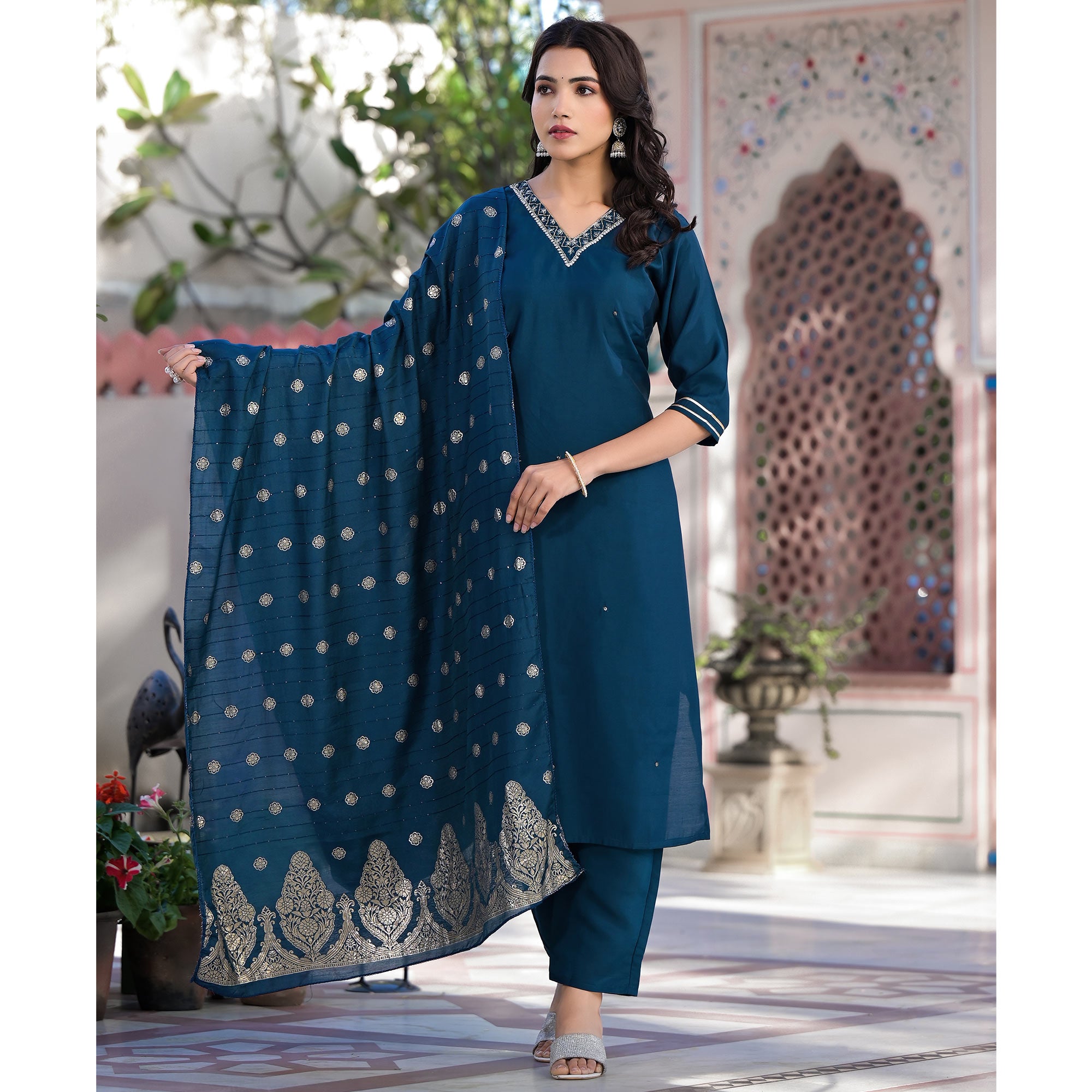 Blue Embroidered Pure Silk Straight Salwar Suit