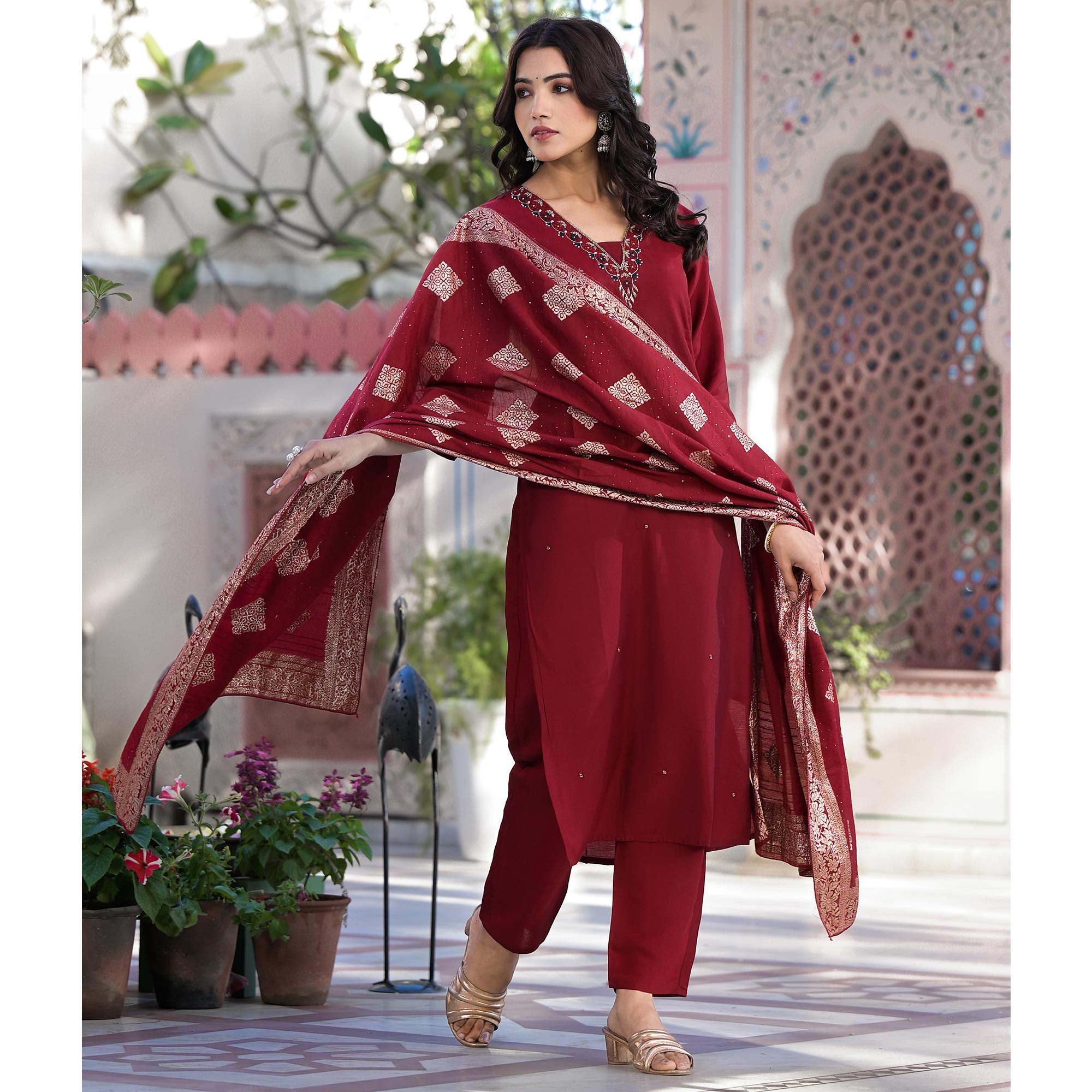 Maroon Embroidered Pure Silk Straight Salwar Suit