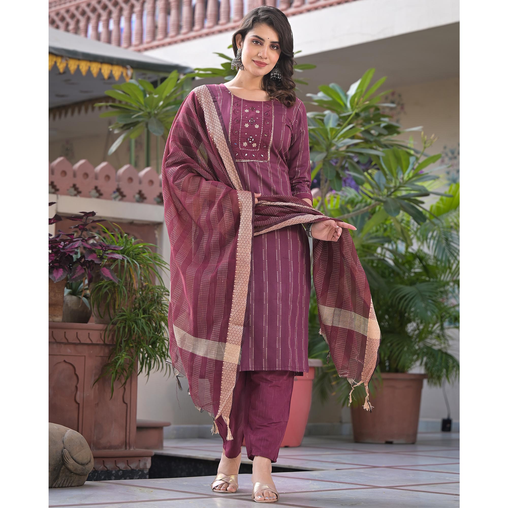Wine Woven Pure Cotton Straight Salwar Suit