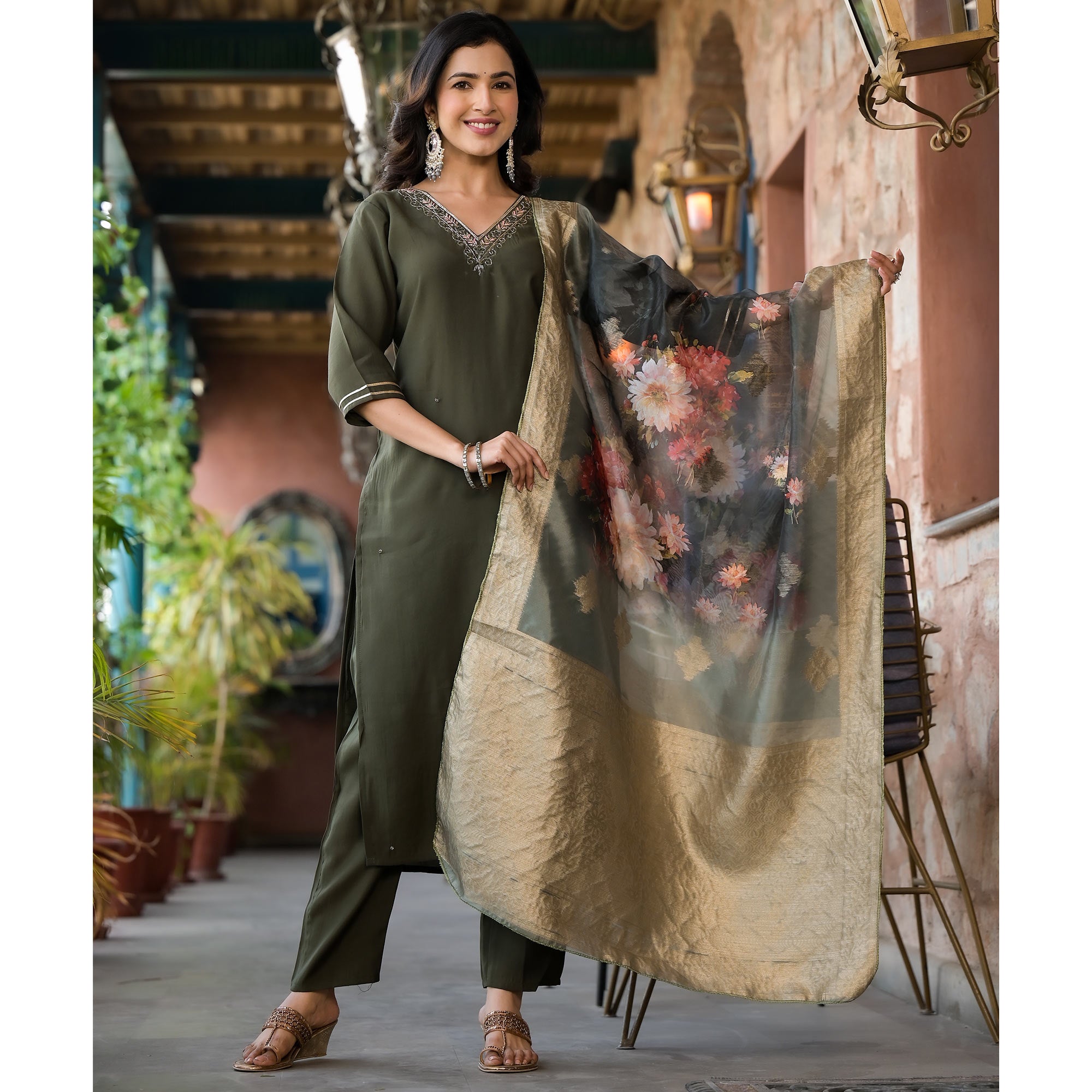 Olive Green Embroidered Pure Silk Salwar Suit With Handcrafted