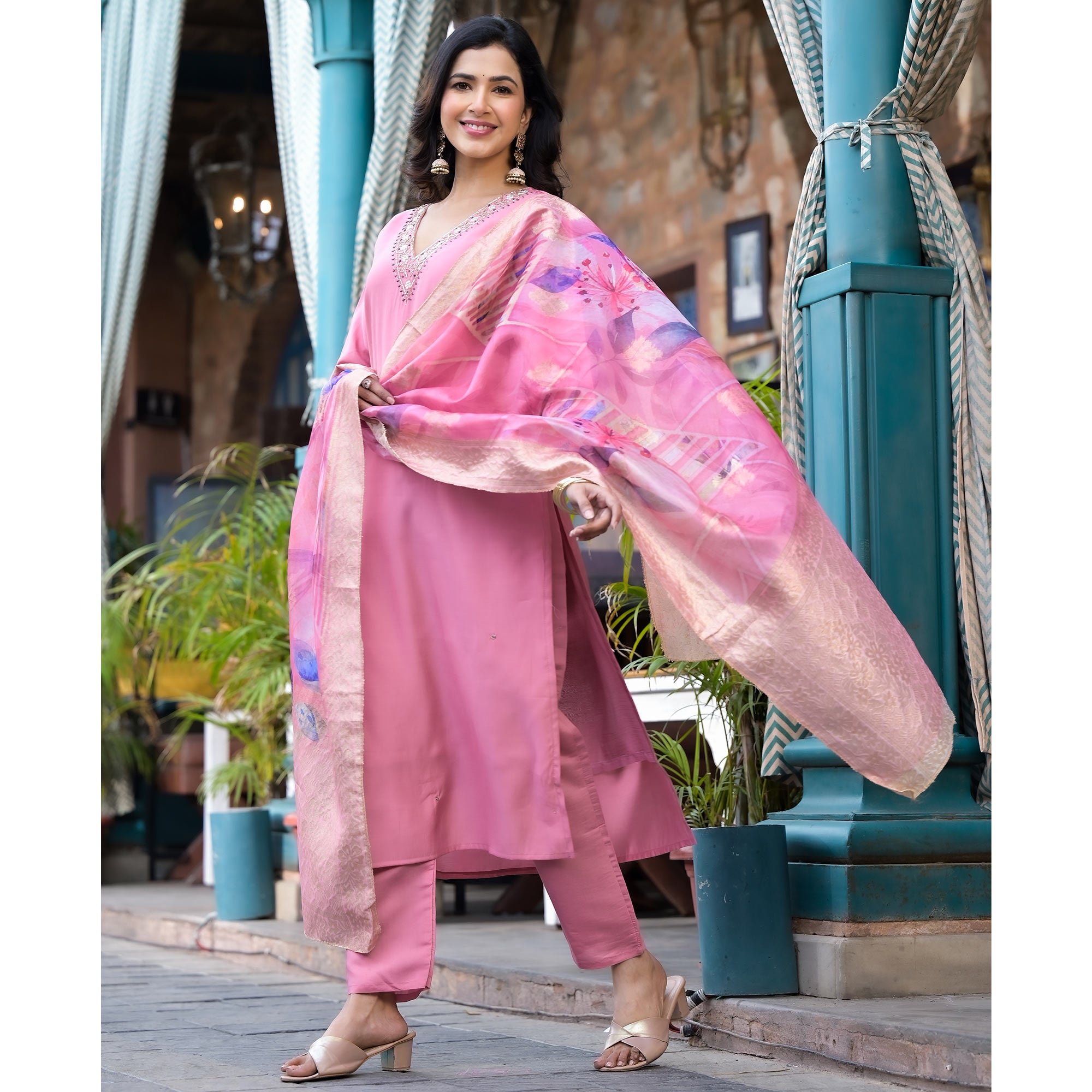 Pink Embroidered Pure Silk Salwar Suit With Handcrafted