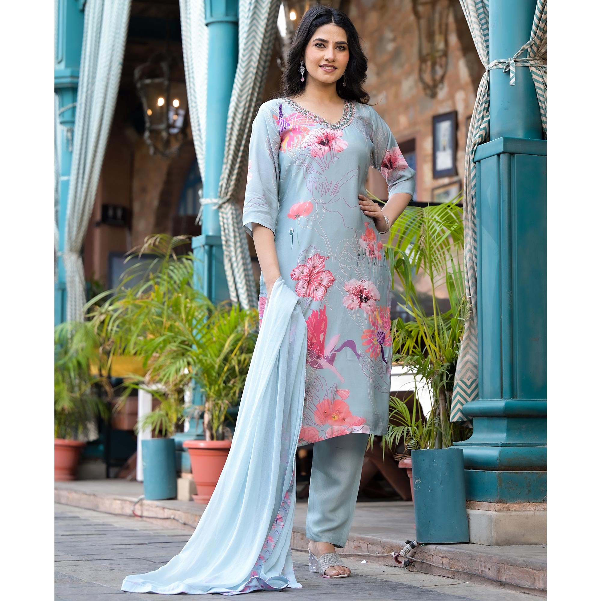 Country Blue Floral Printed Viscose Salwar Suit With Beads Work